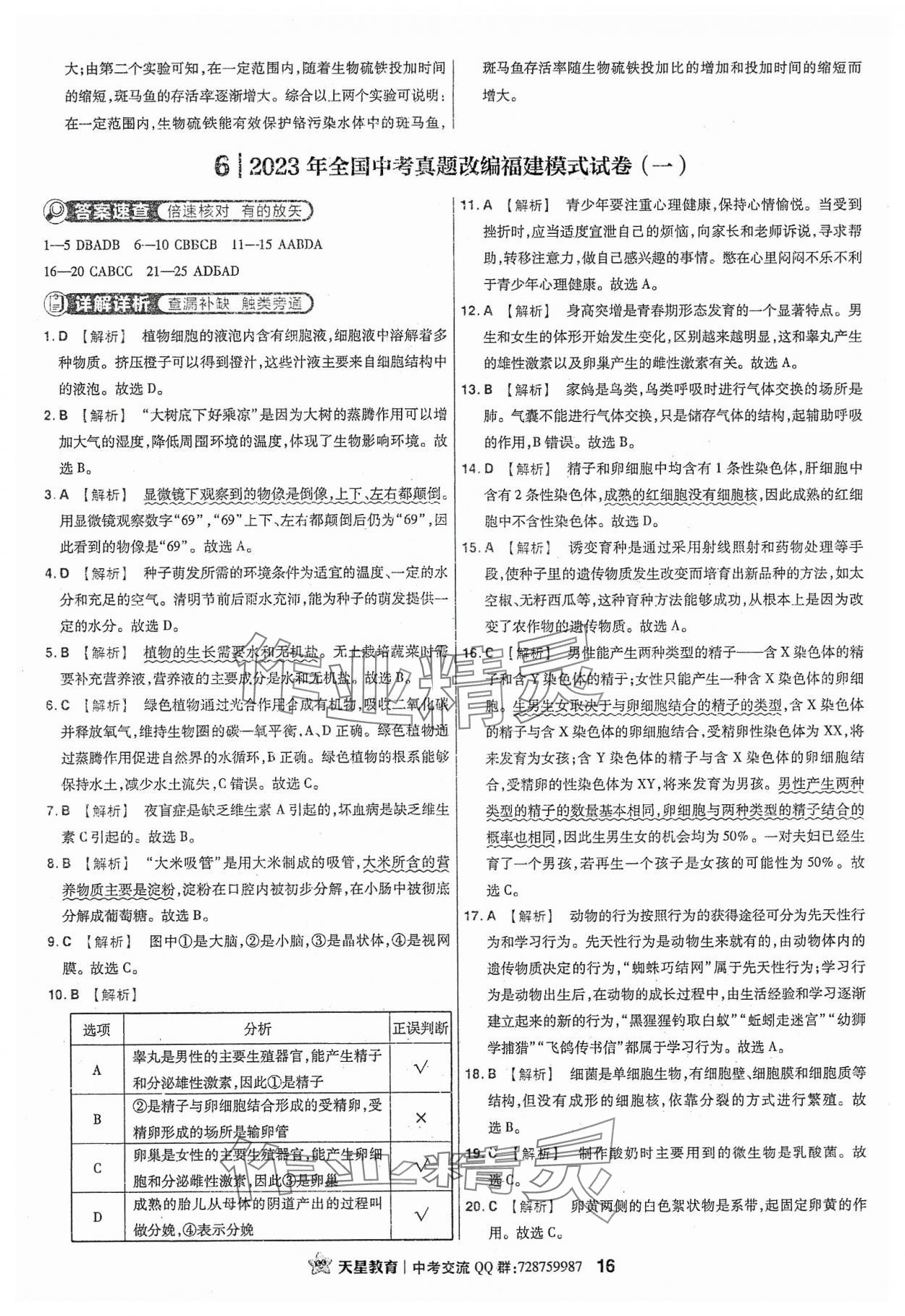 2024年金考卷福建中考45套匯編生物 參考答案第16頁