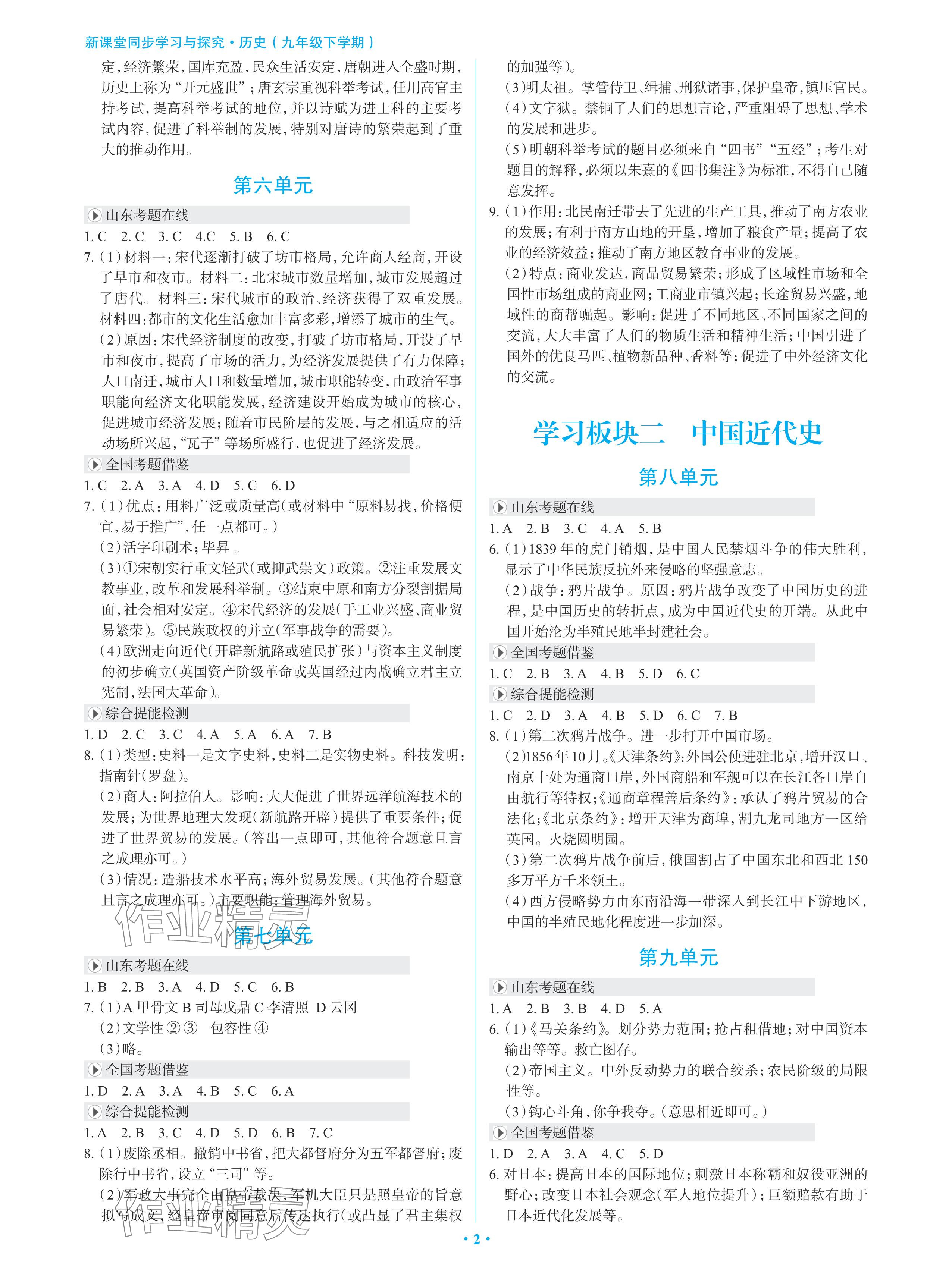 2024年新課堂同步學(xué)習(xí)與探究九年級歷史下冊金鄉(xiāng)專版 參考答案第2頁