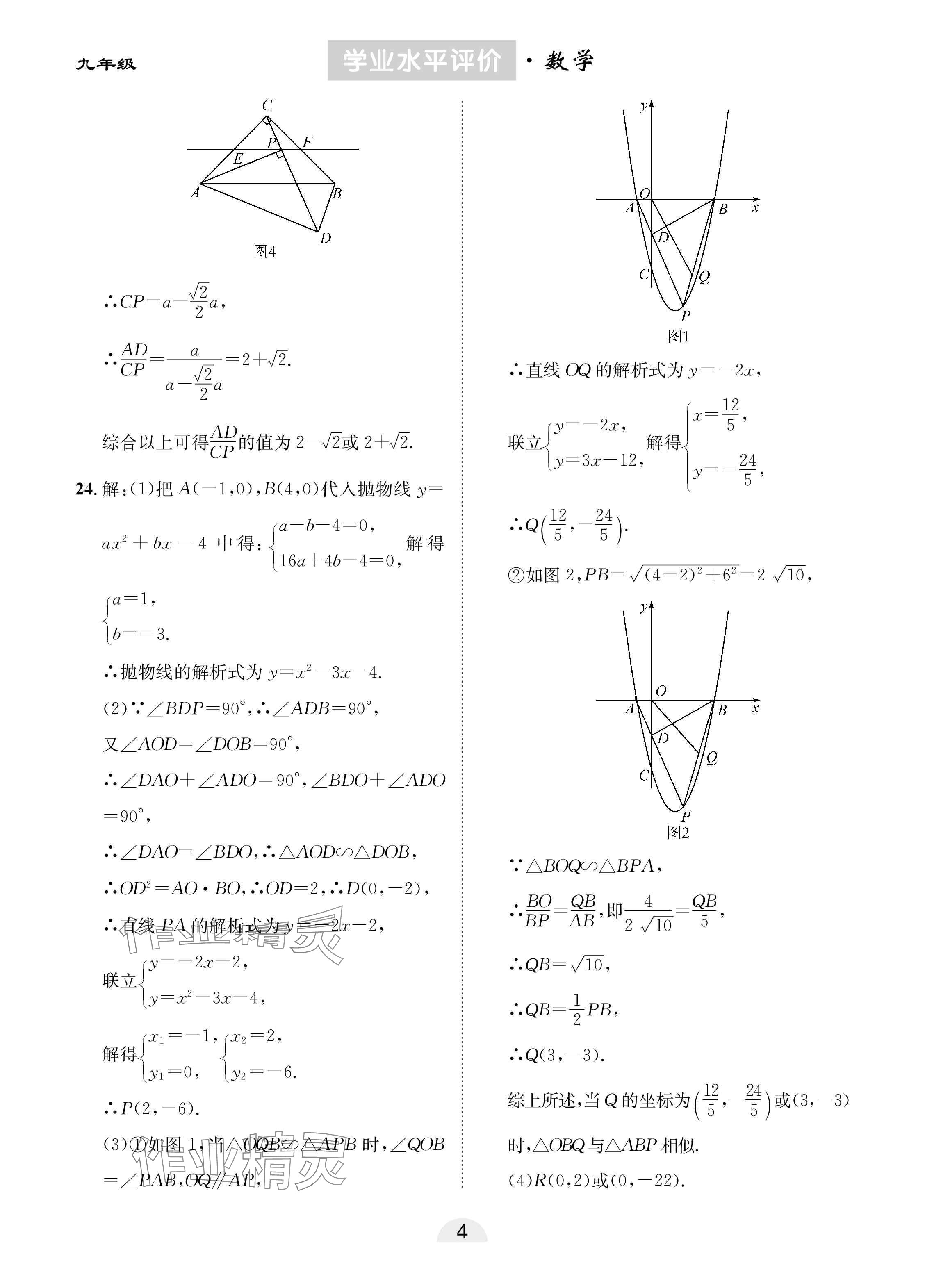 2025年學業(yè)水平評價九年級數(shù)學下冊人教版 參考答案第4頁