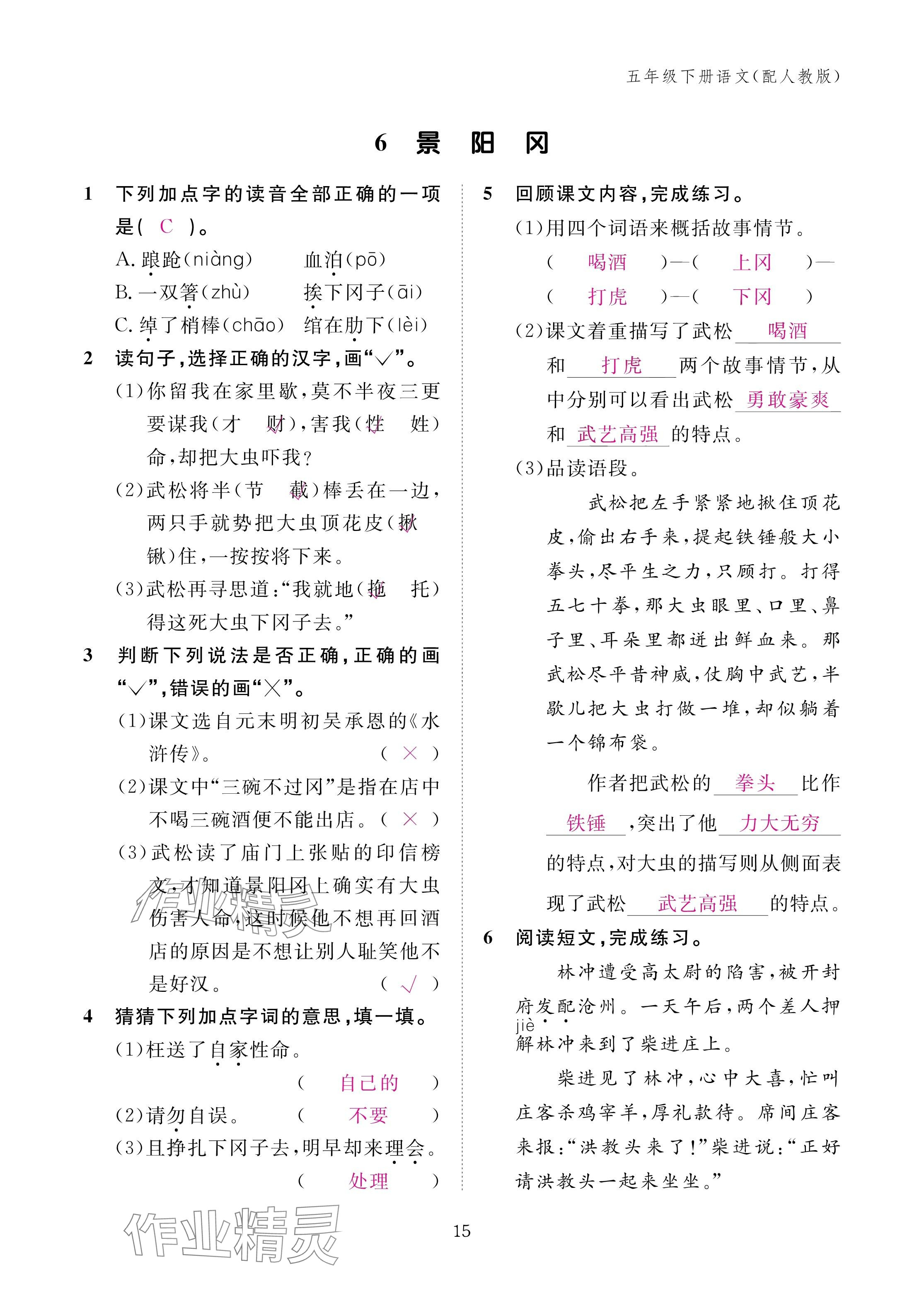 2025年作業(yè)本江西教育出版社五年級(jí)語文下冊人教版 參考答案第15頁