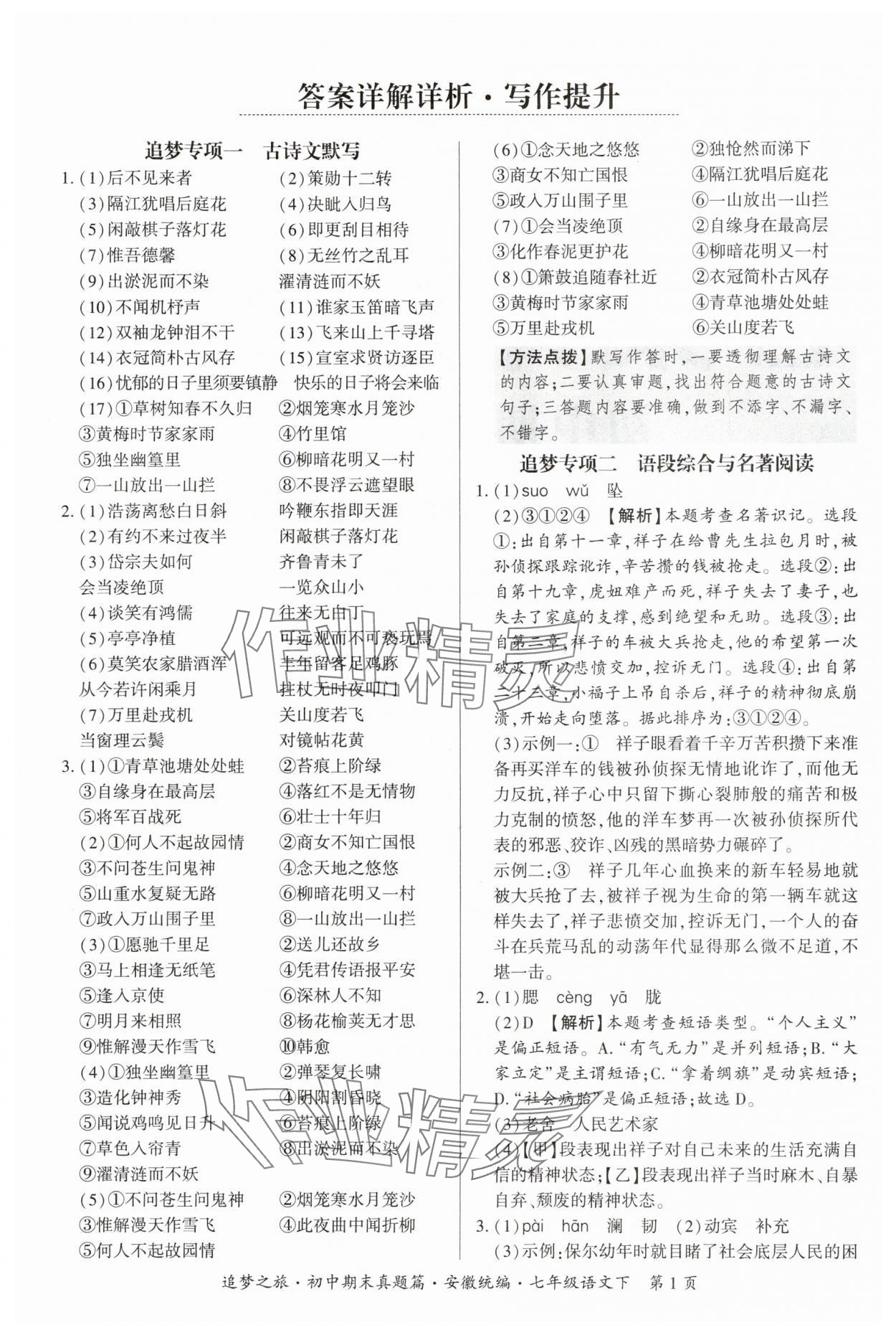 2025年追梦之旅初中期末真题篇七年级语文下册人教版安徽专版 参考答案第1页