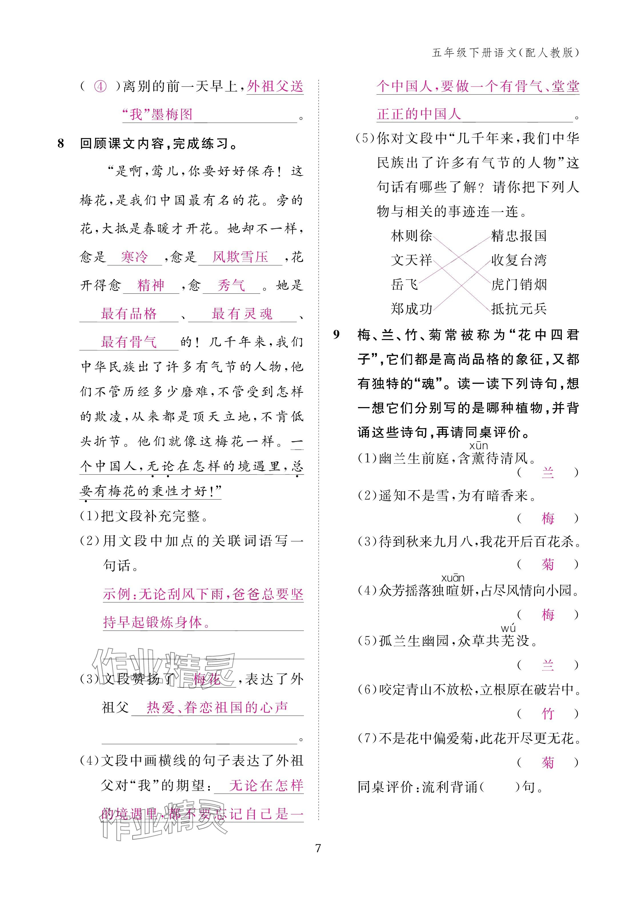 2025年作業(yè)本江西教育出版社五年級語文下冊人教版 參考答案第7頁