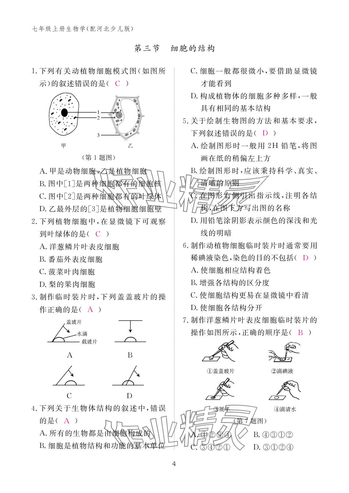 2025年作业本江西教育出版社七年级生物上册冀少版 参考答案第4页