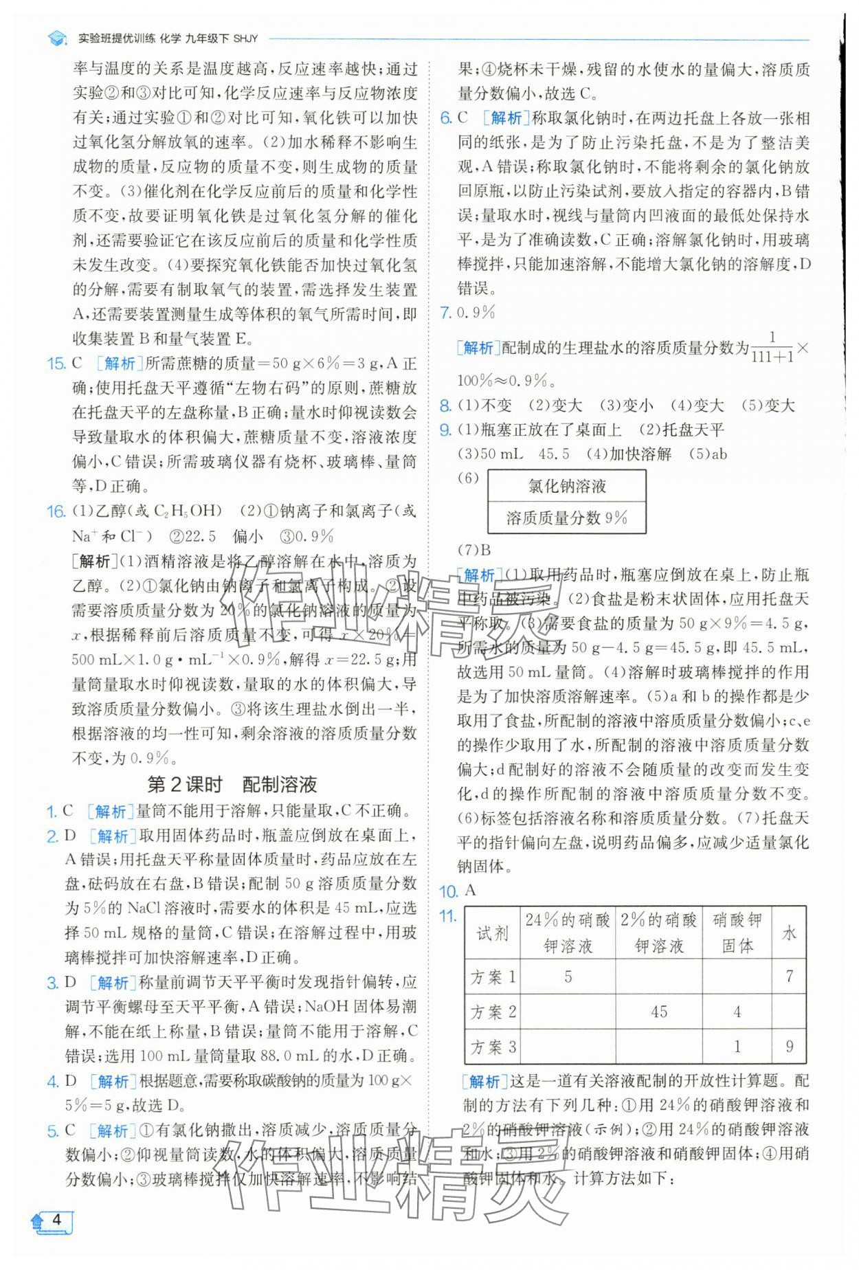 2024年实验班提优训练九年级化学下册沪教版 参考答案第4页