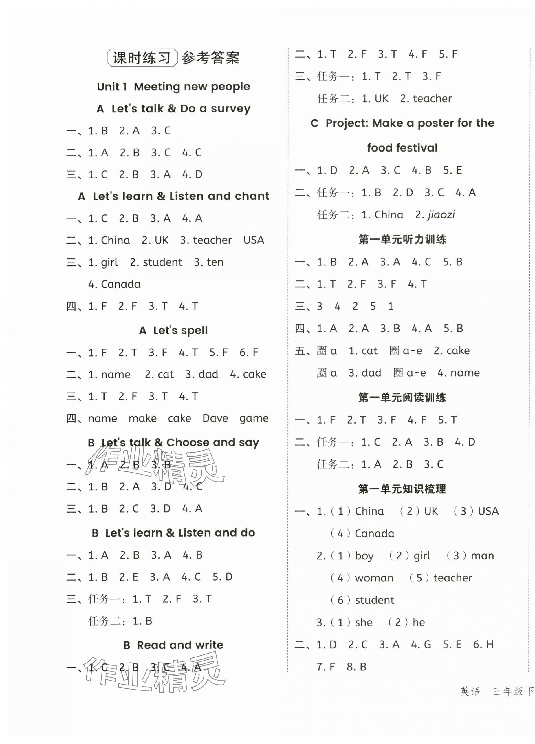 2025年名師面對(duì)面先學(xué)后練三年級(jí)英語(yǔ)下冊(cè)人教版 參考答案第1頁(yè)