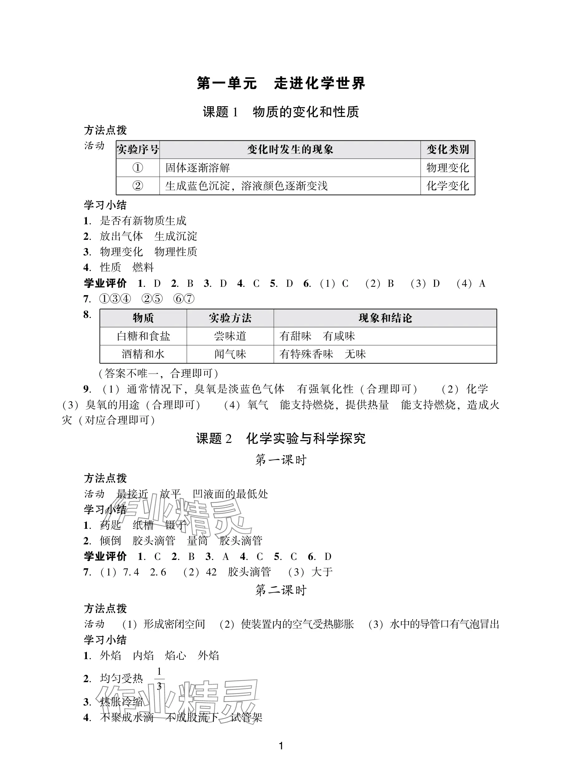 2025年阳光学业评价九年级化学上册人教版 参考答案第1页