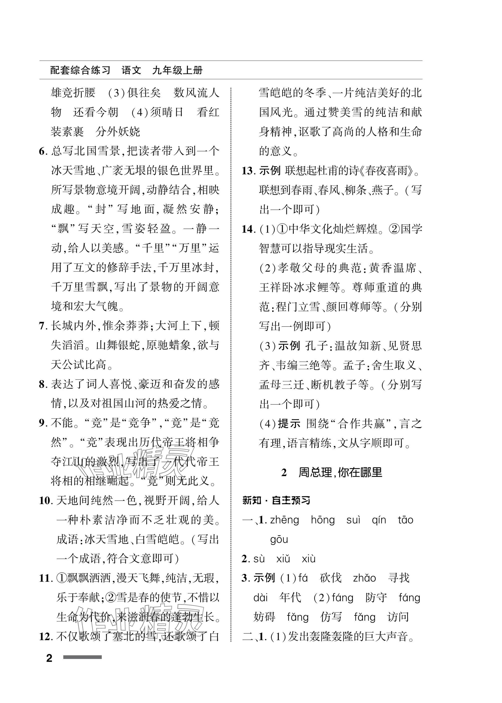 2025年配套综合练习甘肃九年级语文上册人教版 参考答案第2页