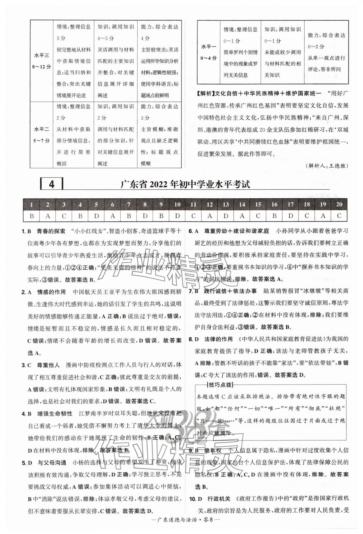 2025年天利38套廣東省中考試題精選道德與法治 參考答案第8頁