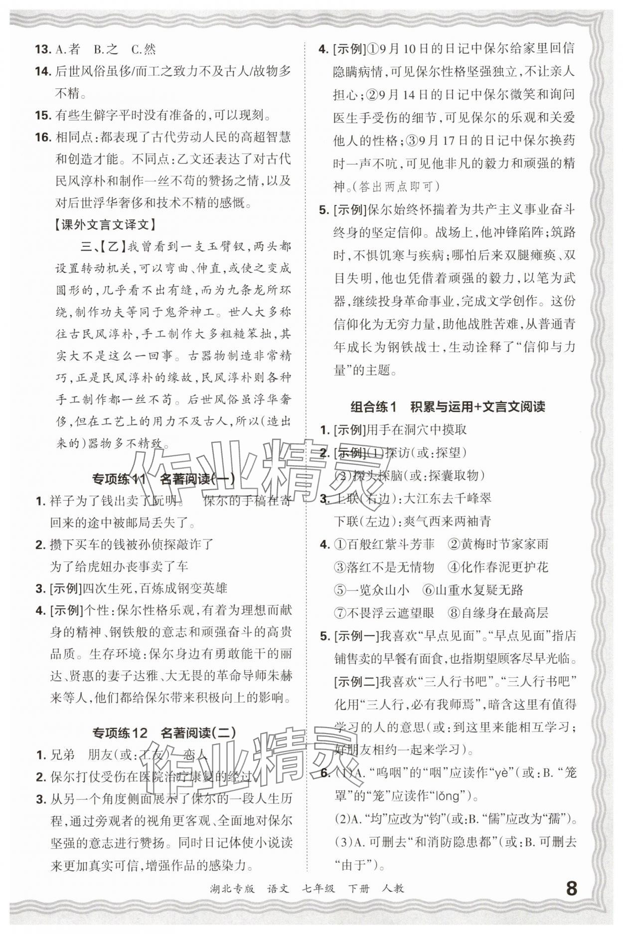 2025年王朝霞各地期末試卷精選七年級語文下冊人教版湖北專版 參考答案第8頁