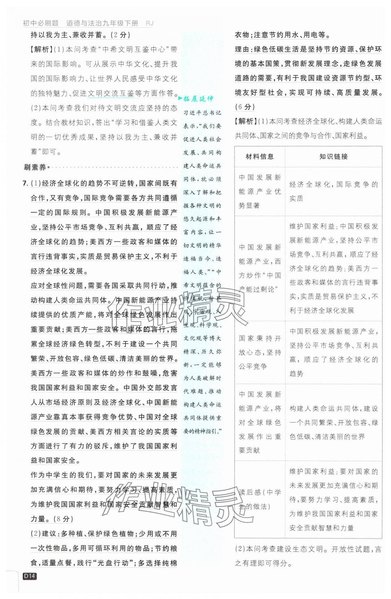 2025年初中必刷題九年級(jí)道德與法治下冊(cè)人教版 參考答案第14頁