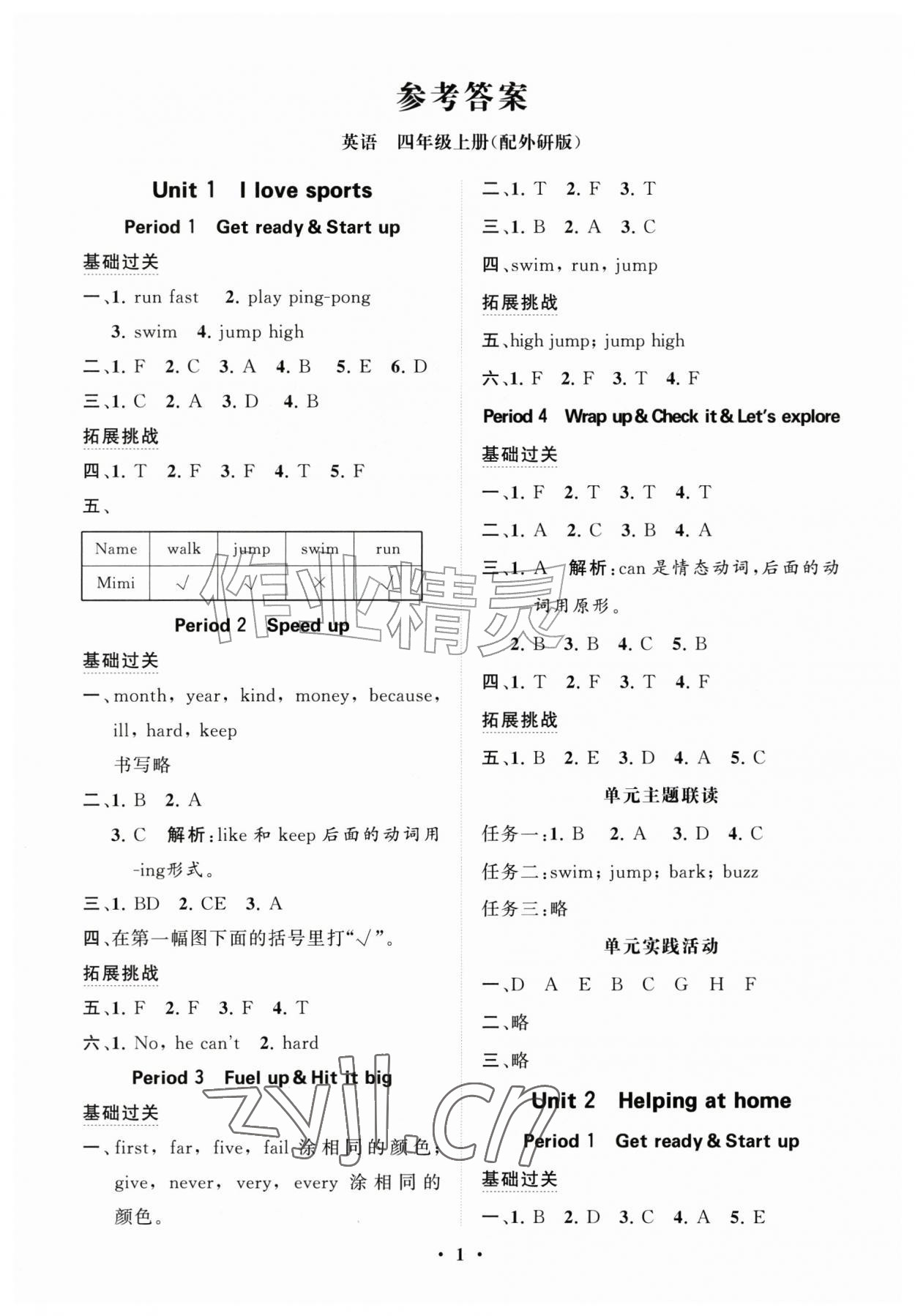 2026年同步练习册分层指导四年级英语上册外研版&nbsp;参考答案第1页
