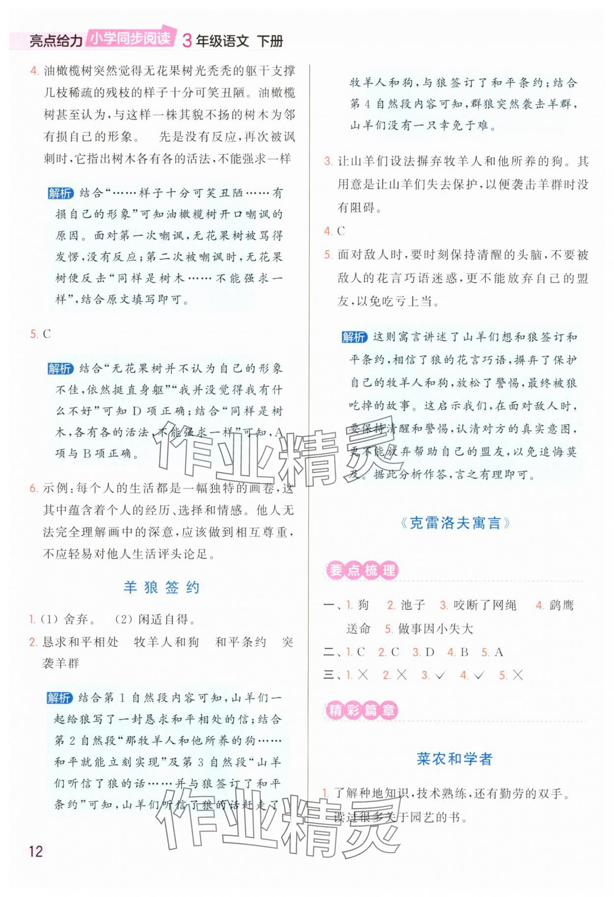 2025年亮点给力同步阅读三年级语文下册人教版&nbsp;参考答案第12页