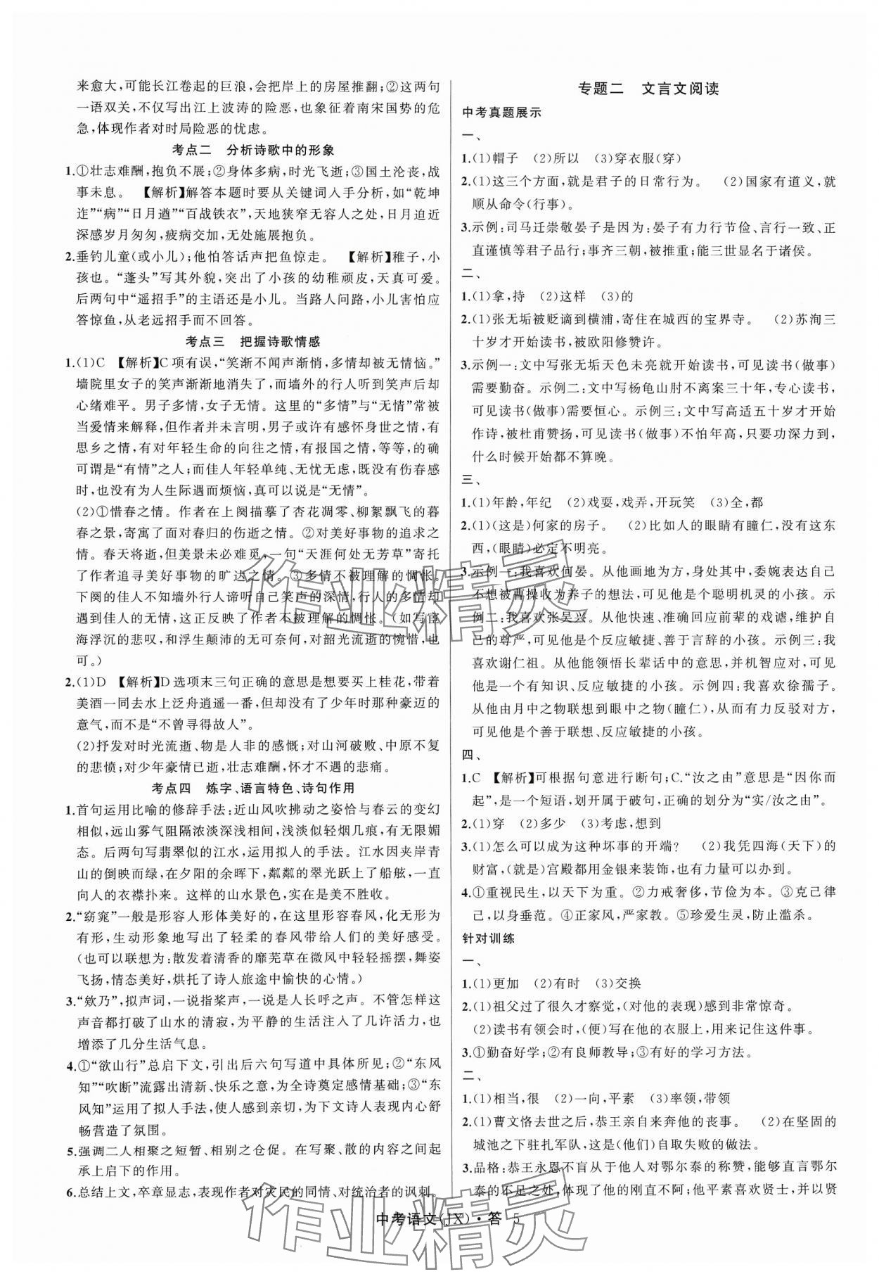 2024年名师面对面中考满分特训方案语文江西专版 参考答案第5页