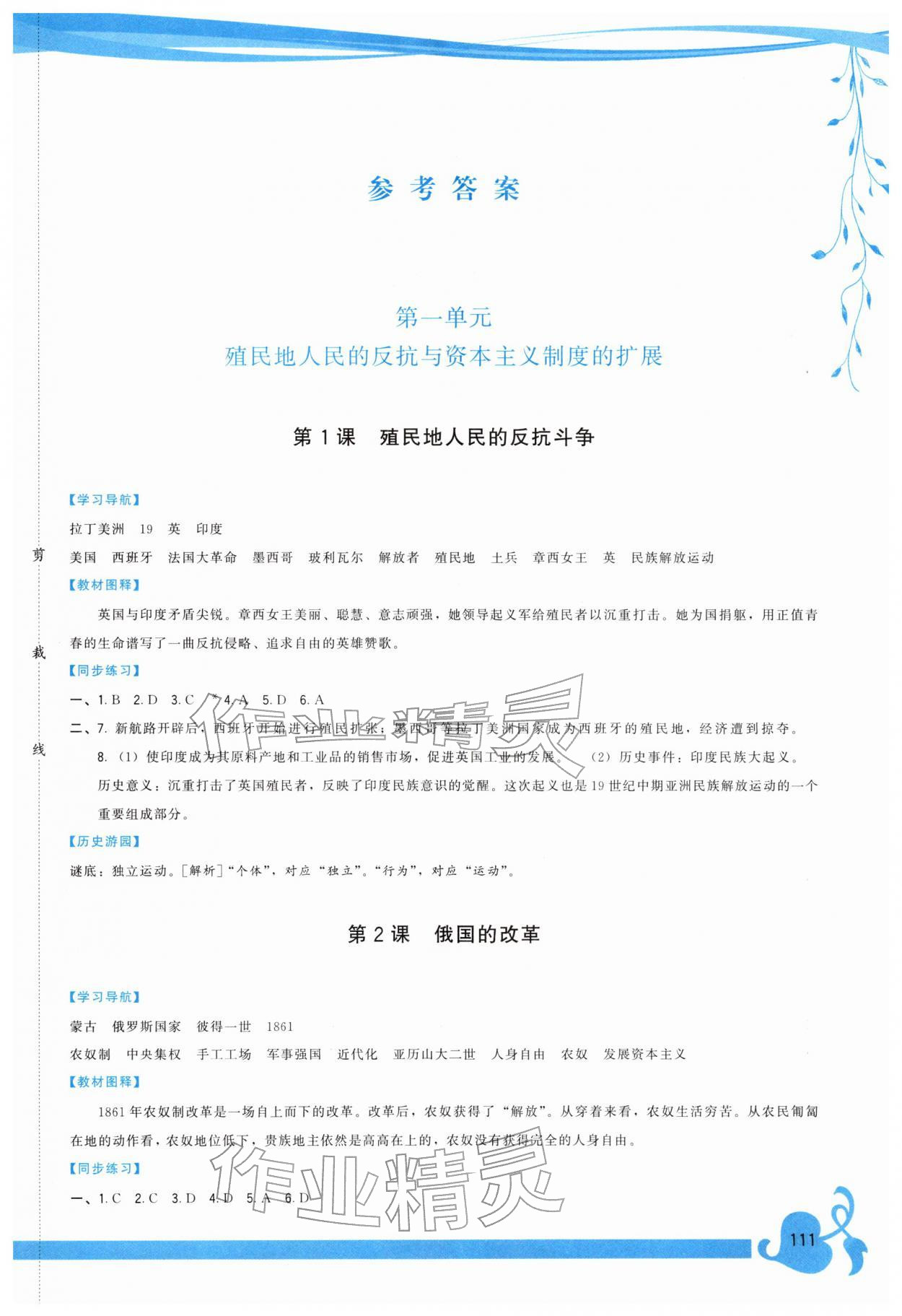 2026年顶尖课课练九年级历史下册人教版&nbsp;参考答案第1页