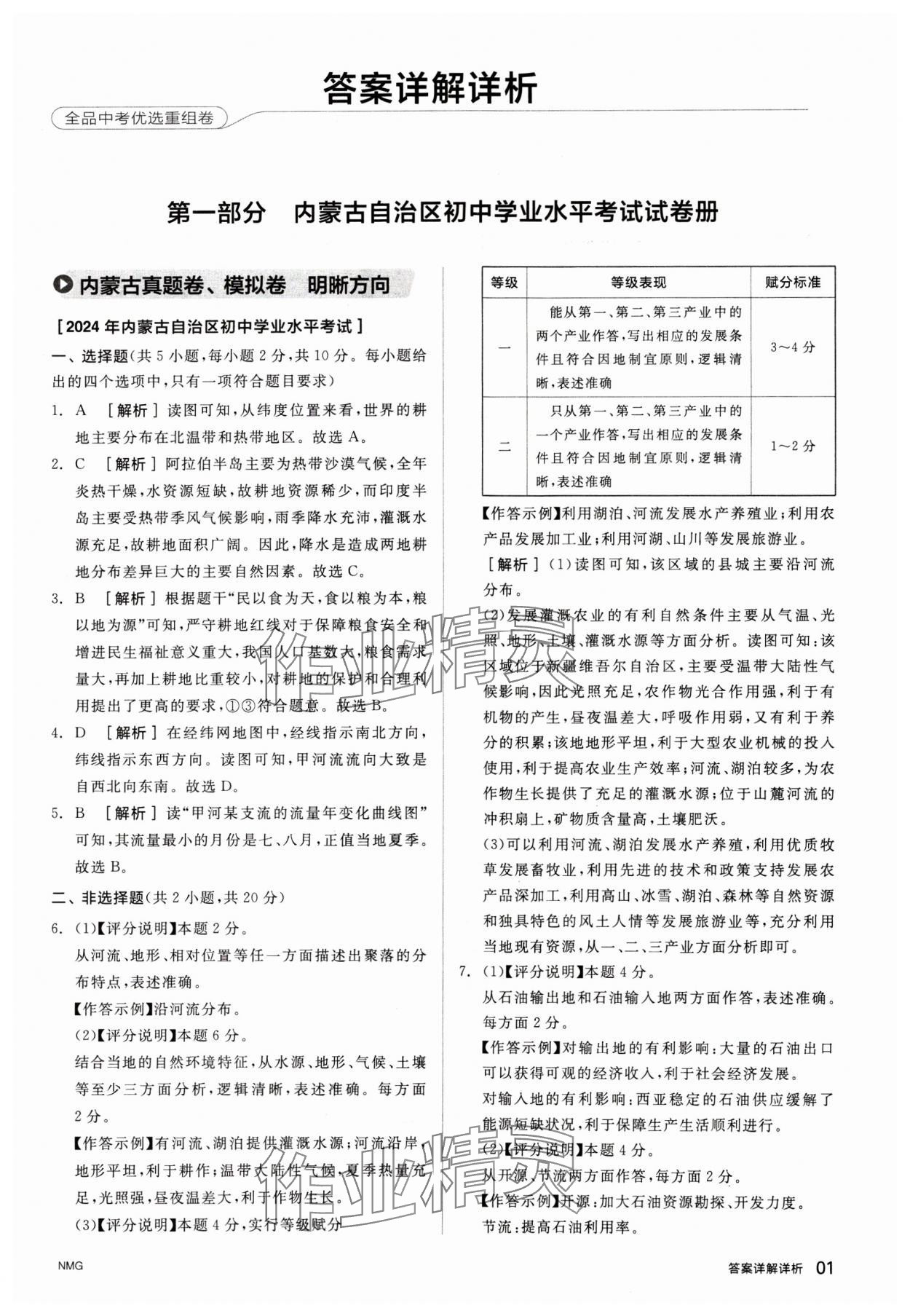 2025年全品中考優選重組卷地理內蒙古專版 參考答案第1頁