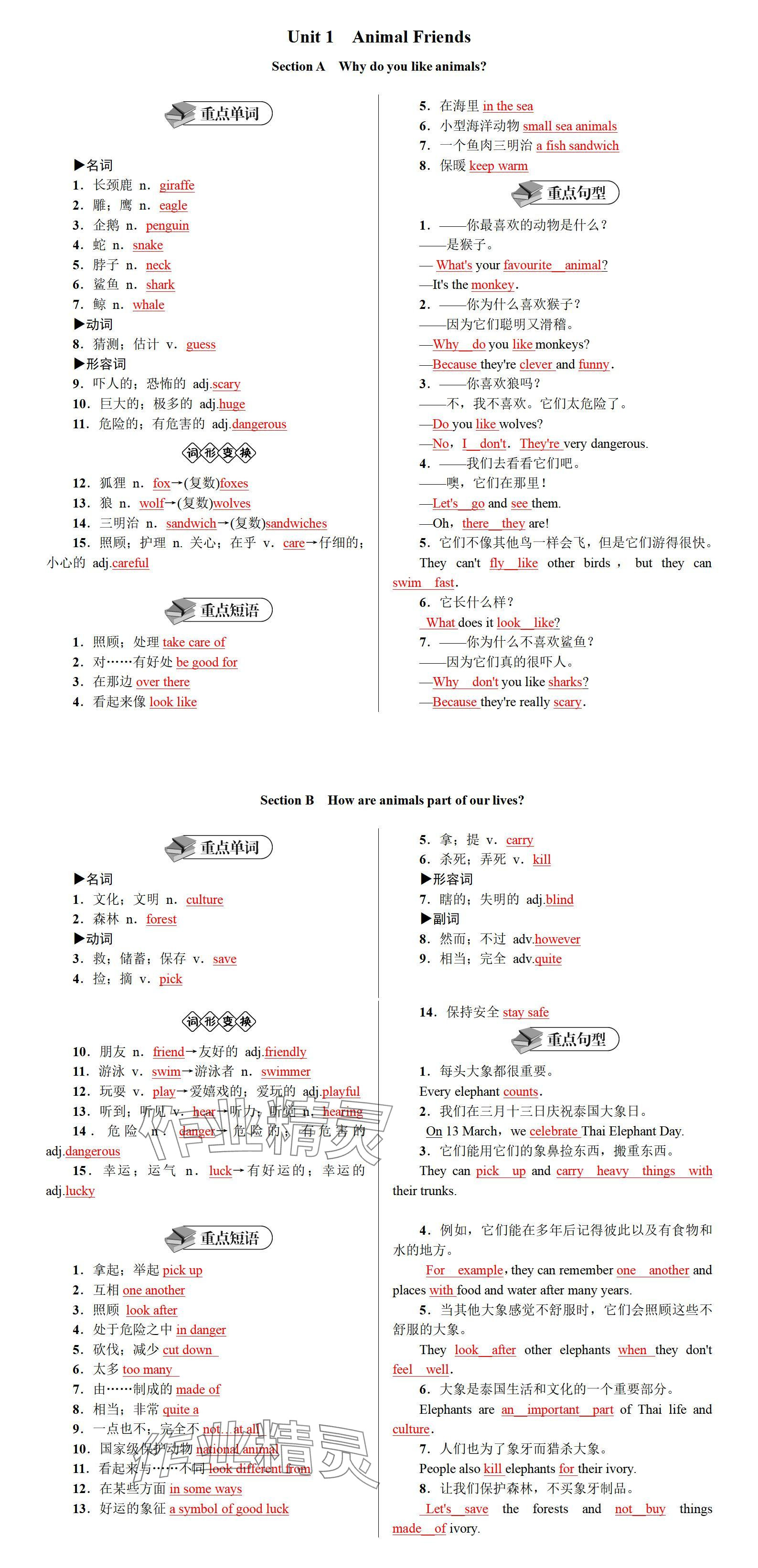 2025年名校課堂七年級英語下冊人教版四川專版 參考答案第1頁