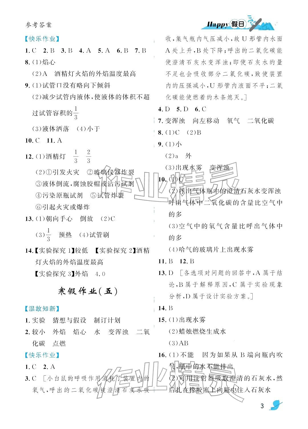 2026年寒假Happy假日八年级化学通用版&nbsp;参考答案第3页