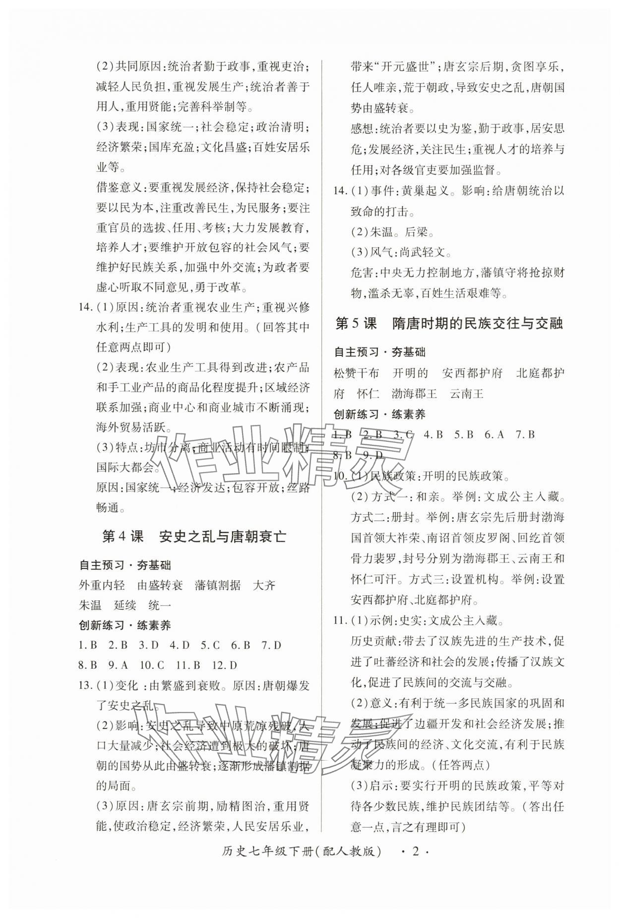 2025年一课一练创新练习七年级历史下册人教版 参考答案第2页