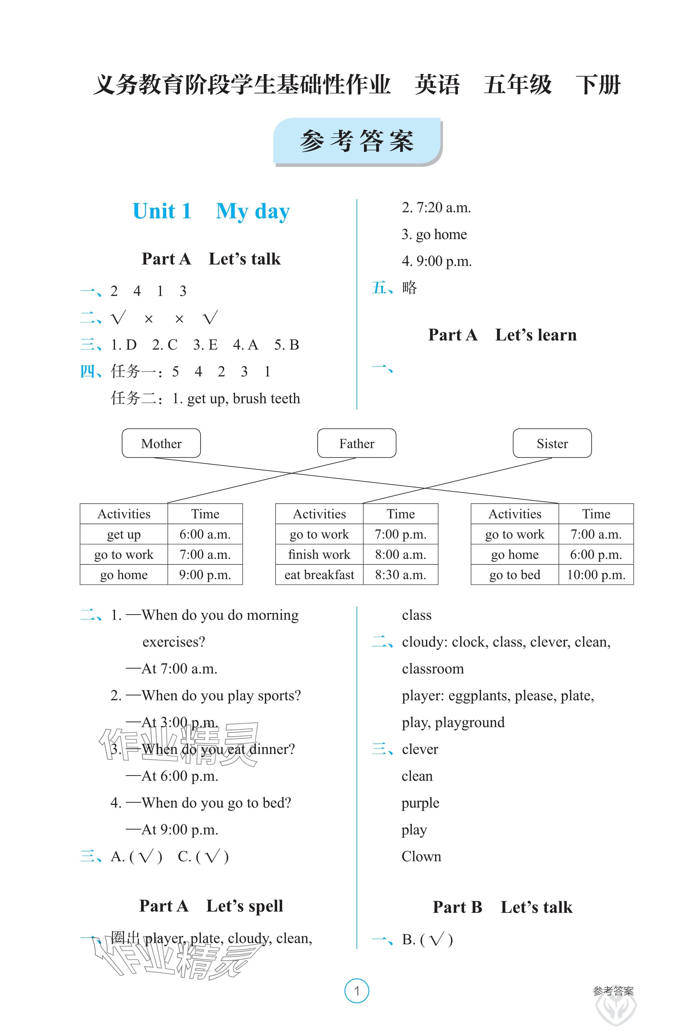 2025年學生基礎性作業五年級英語下冊人教版 參考答案第1頁