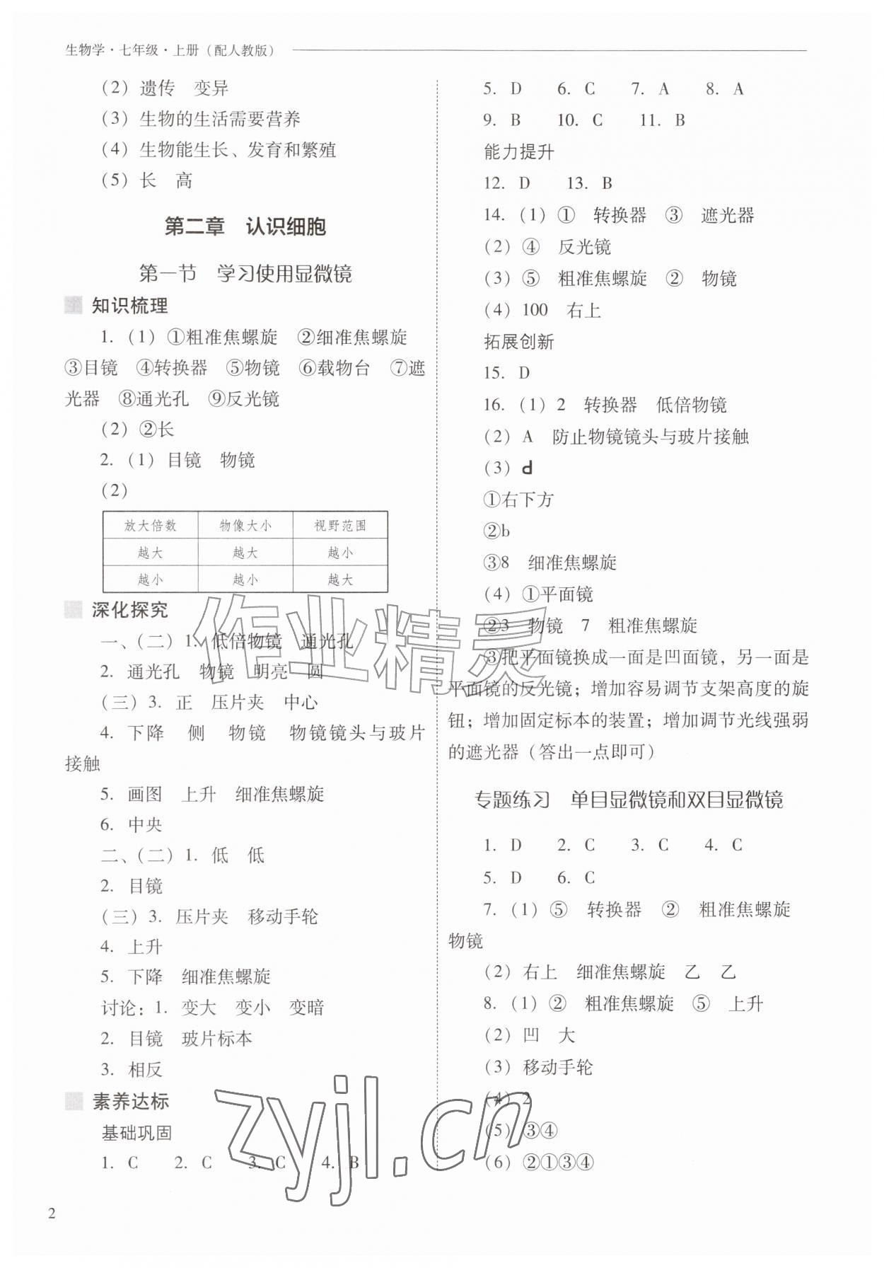 2026年新课程问题解决导学方案七年级生物上册人教版&nbsp;参考答案第2页