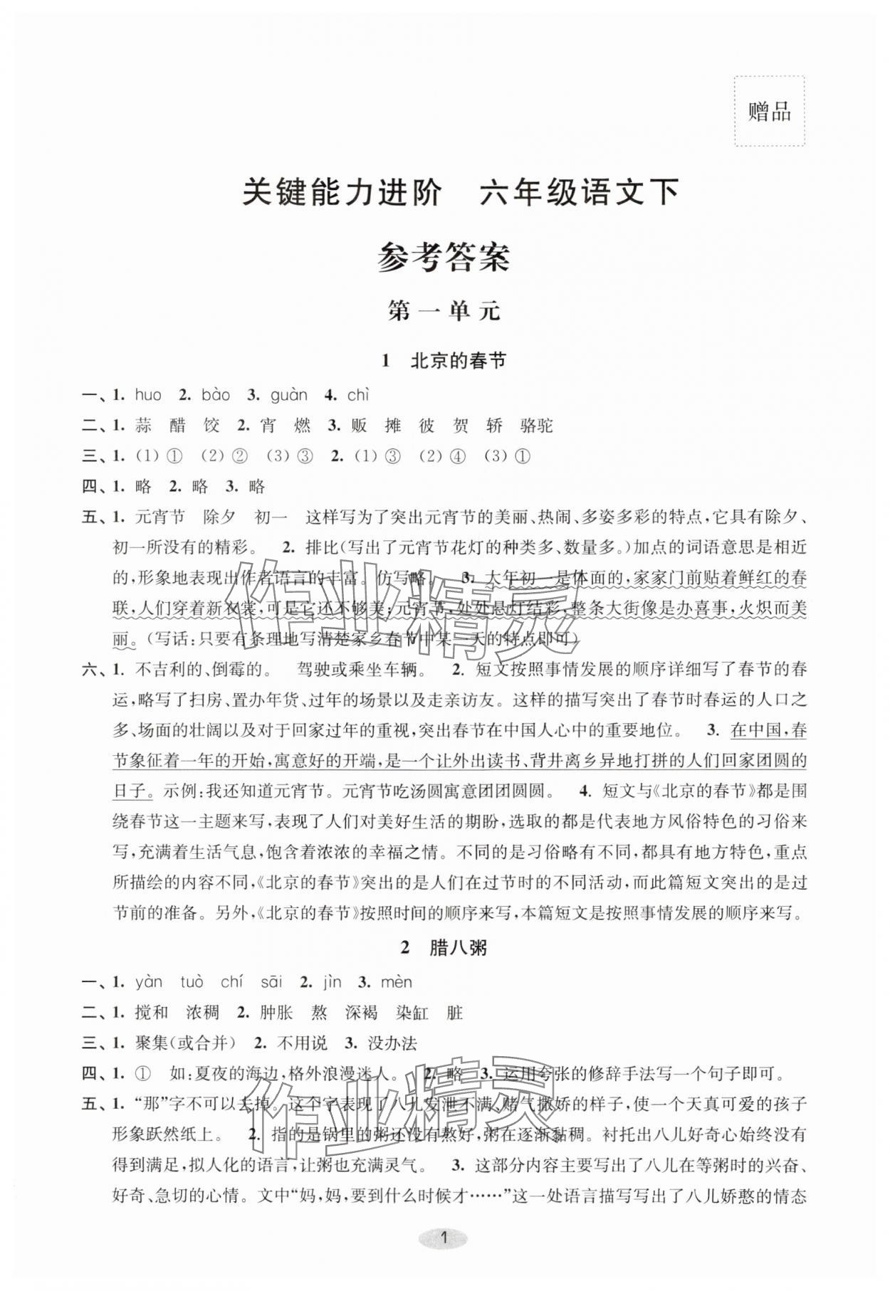 2024年關鍵能力進階六年級語文下冊人教版 第1頁