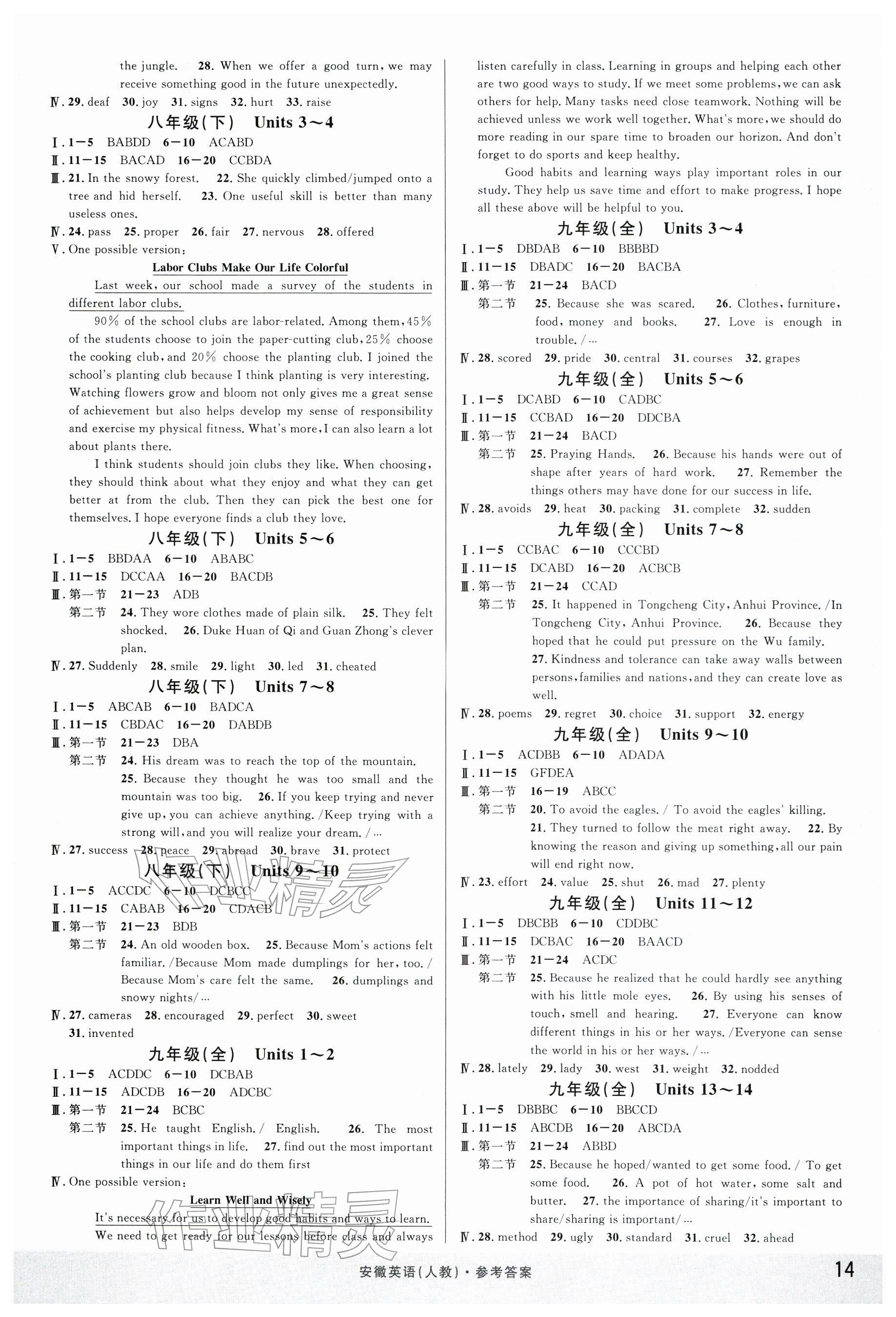 2026年名校課堂中考總復(fù)習(xí)英語安徽專版&nbsp;參考答案第14頁