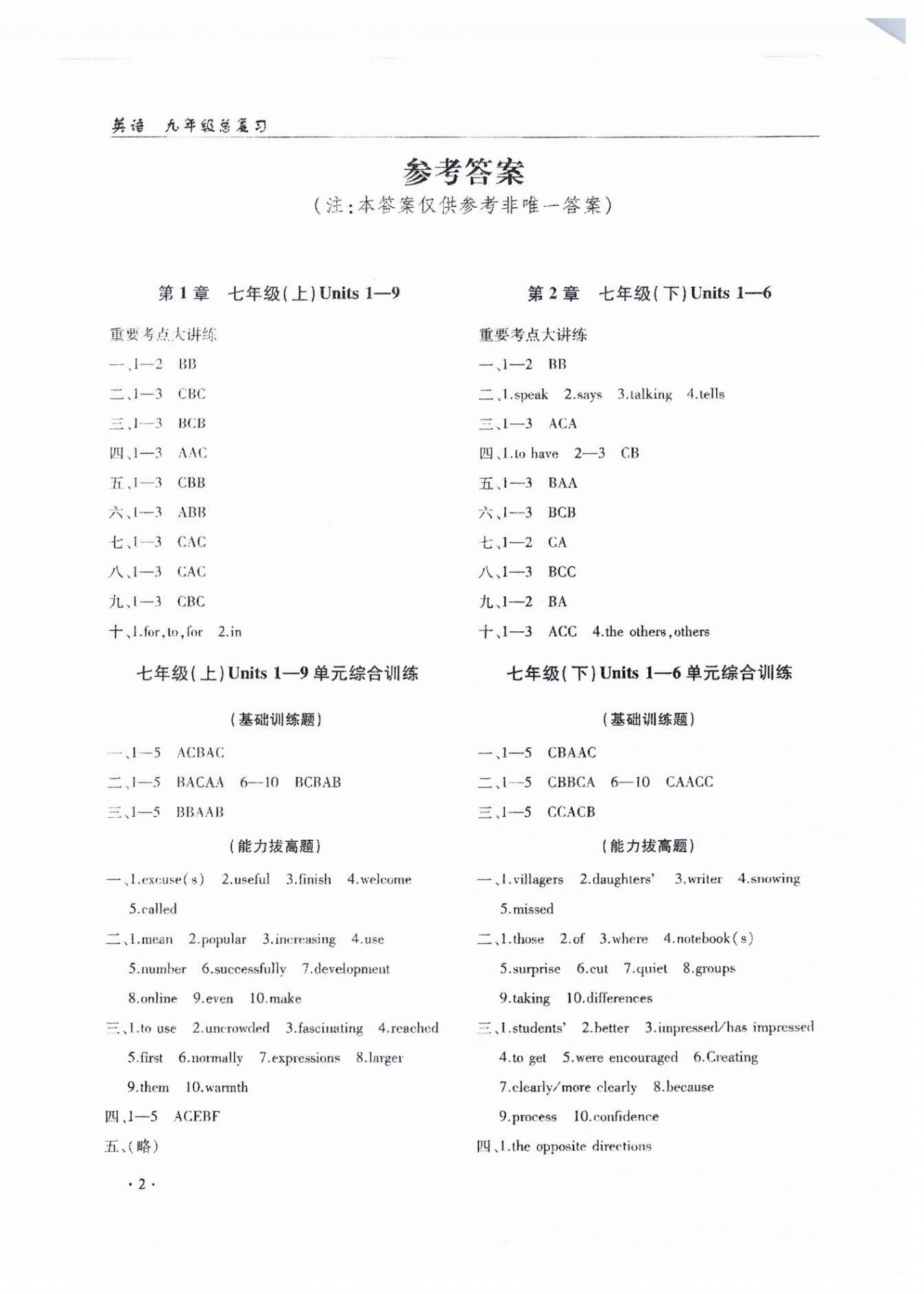 2024年文科愛好者中考總復(fù)習(xí)英語 參考答案第1頁