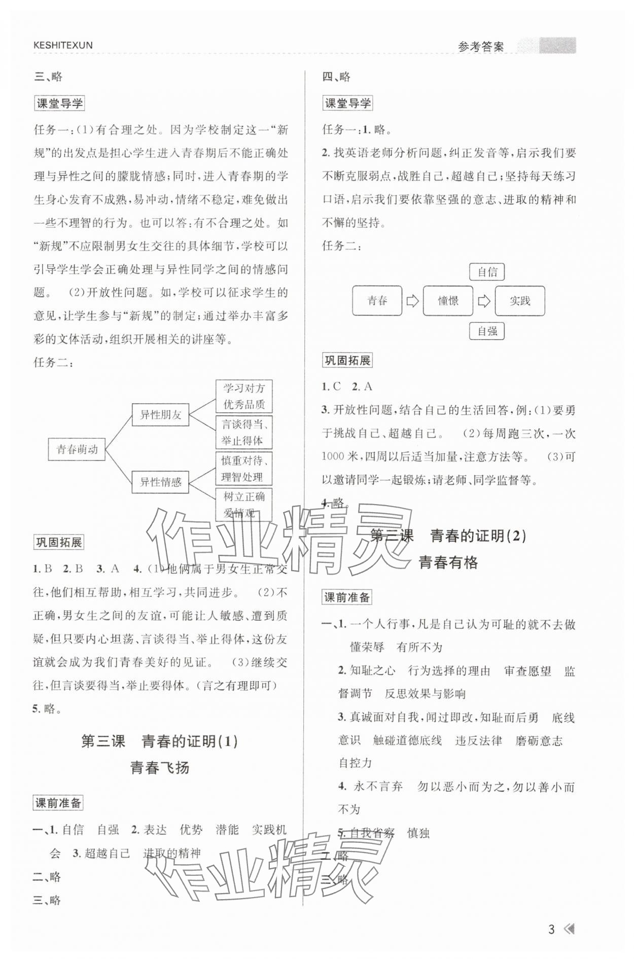 2024年浙江新课程三维目标测评课时特训七年级道德与法治下册人教版 参考答案第3页