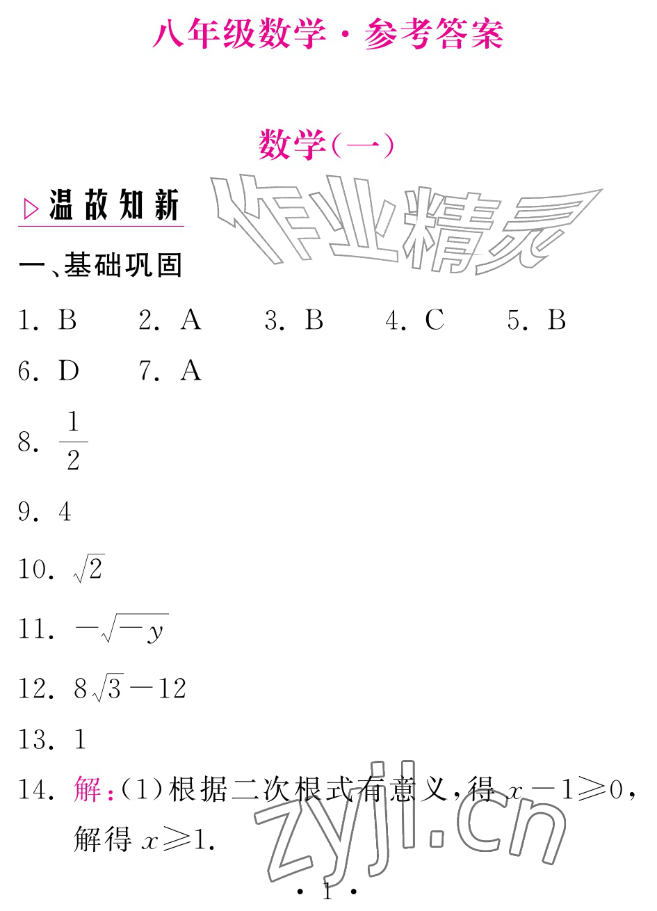 2026年天舟文化精彩暑假团结出版社八年级数学全一册人教版&nbsp;参考答案第1页
