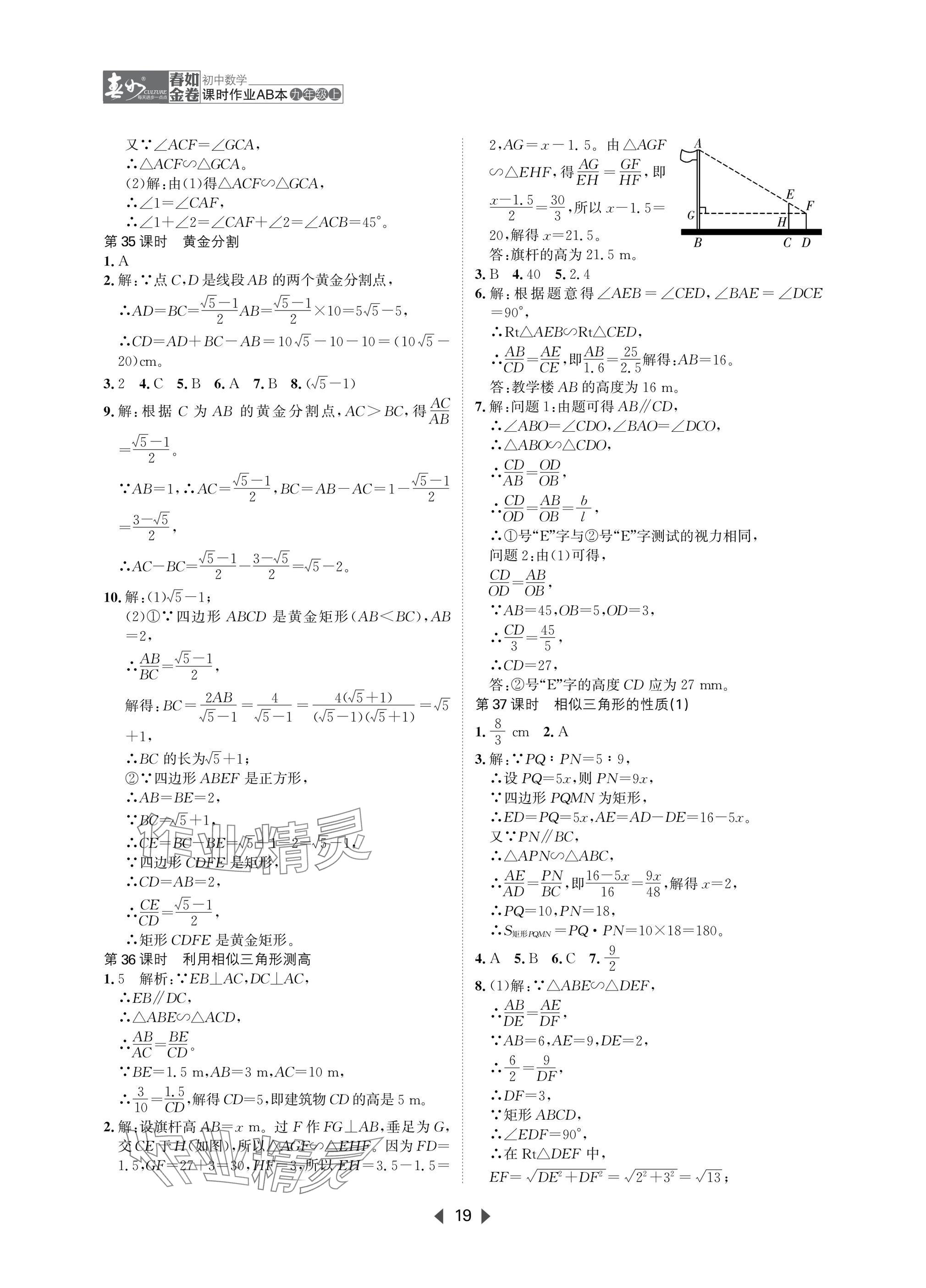 2025年春如金卷課時(shí)作業(yè)AB本九年級數(shù)學(xué)上冊北師大版 參考答案第19頁