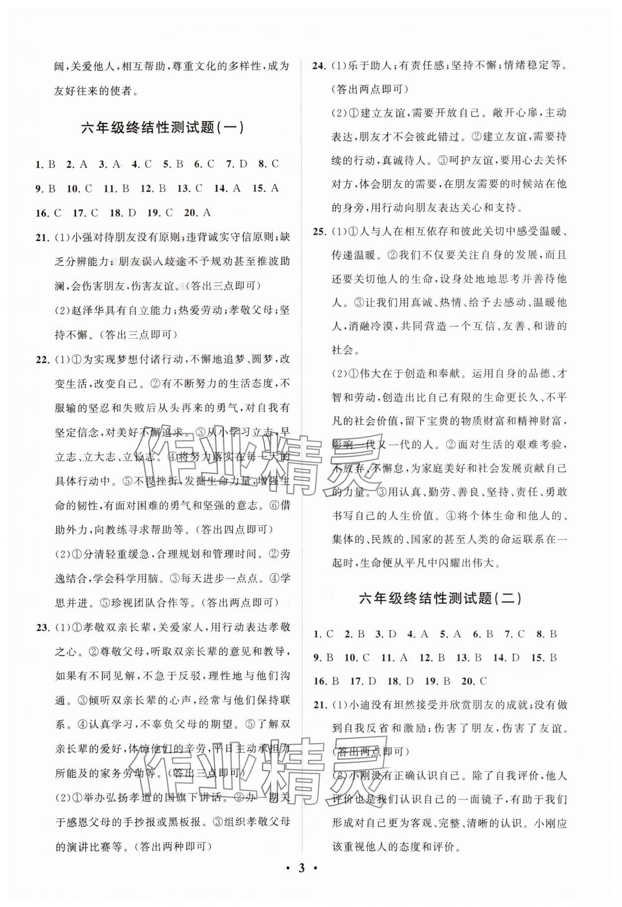 2024年初中總復(fù)習(xí)手冊分層專題卷道德與法治五四制煙臺專版 參考答案第3頁