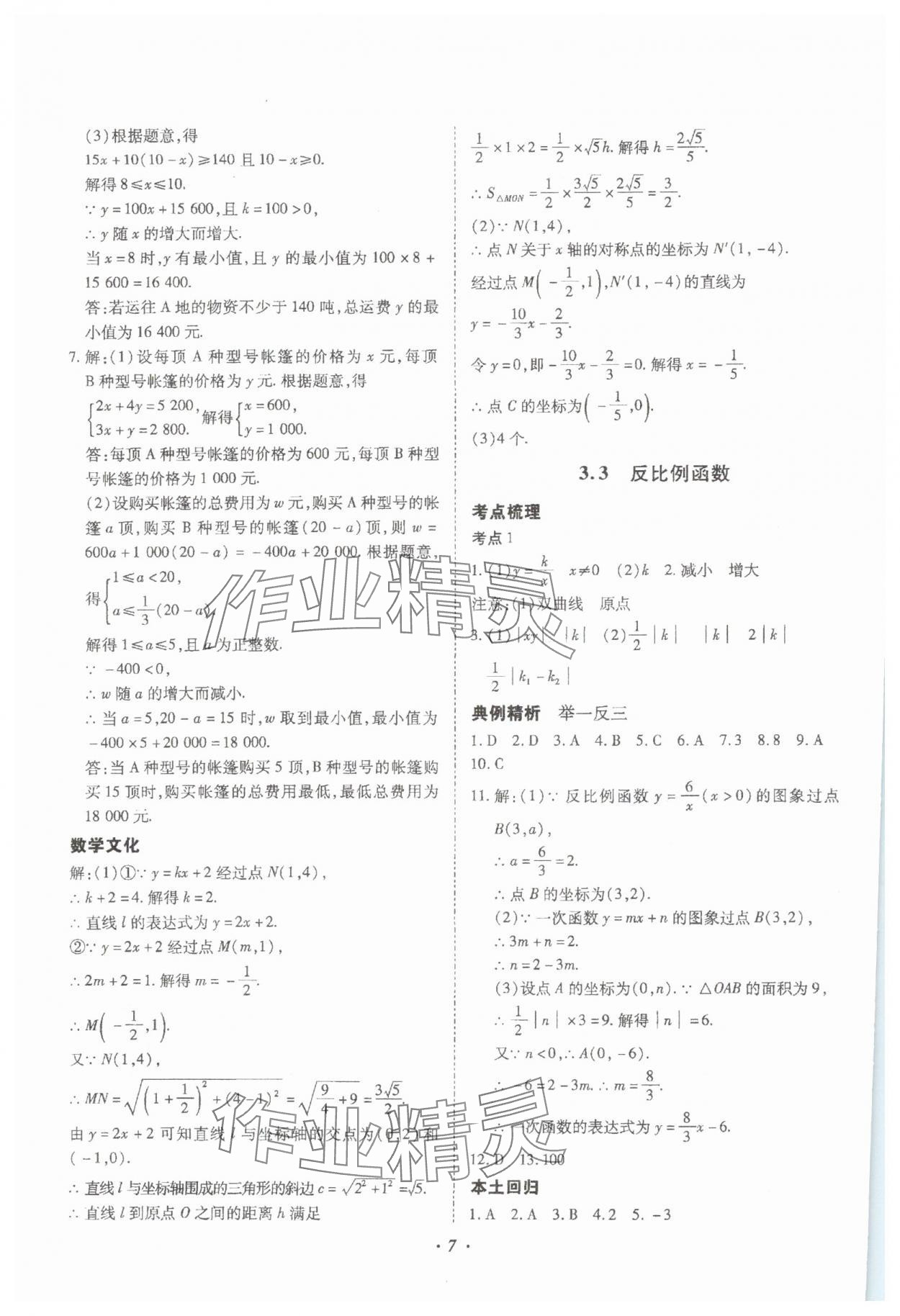 2024年本土攻略精準(zhǔn)復(fù)習(xí)方案數(shù)學(xué)中考云南專版 參考答案第7頁