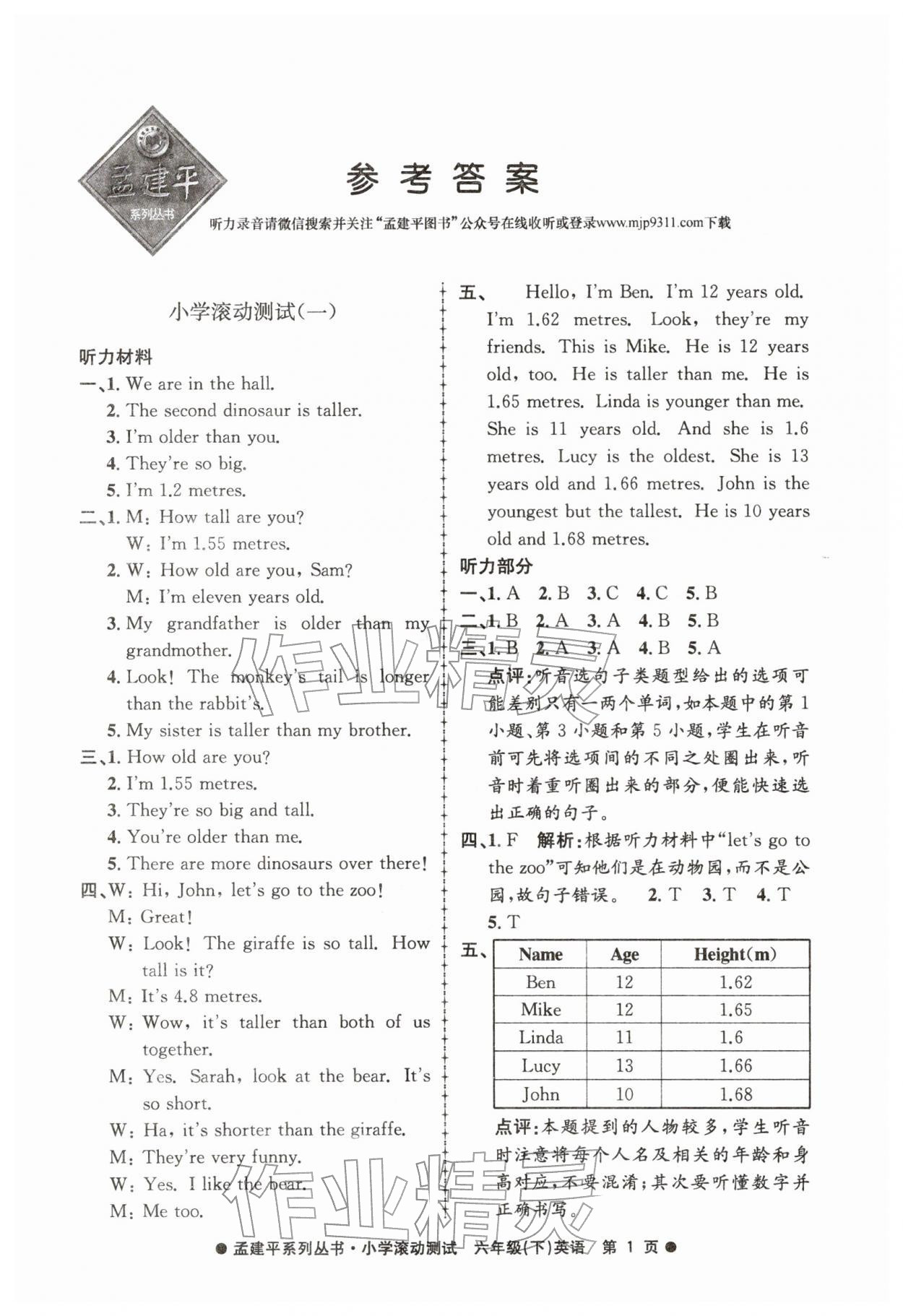 2026年孟建平小学滚动测试六年级英语下册人教版&nbsp;第1页