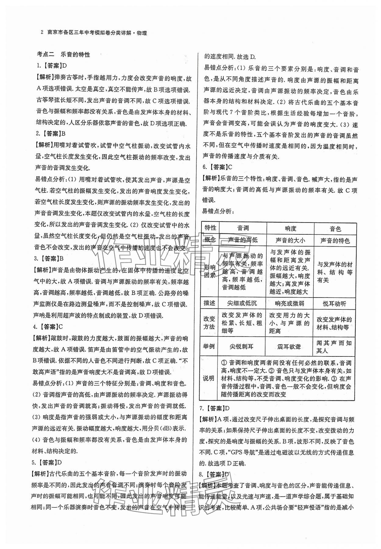 2024年南京市各区三年中考模拟卷分类详解物理 参考答案第2页