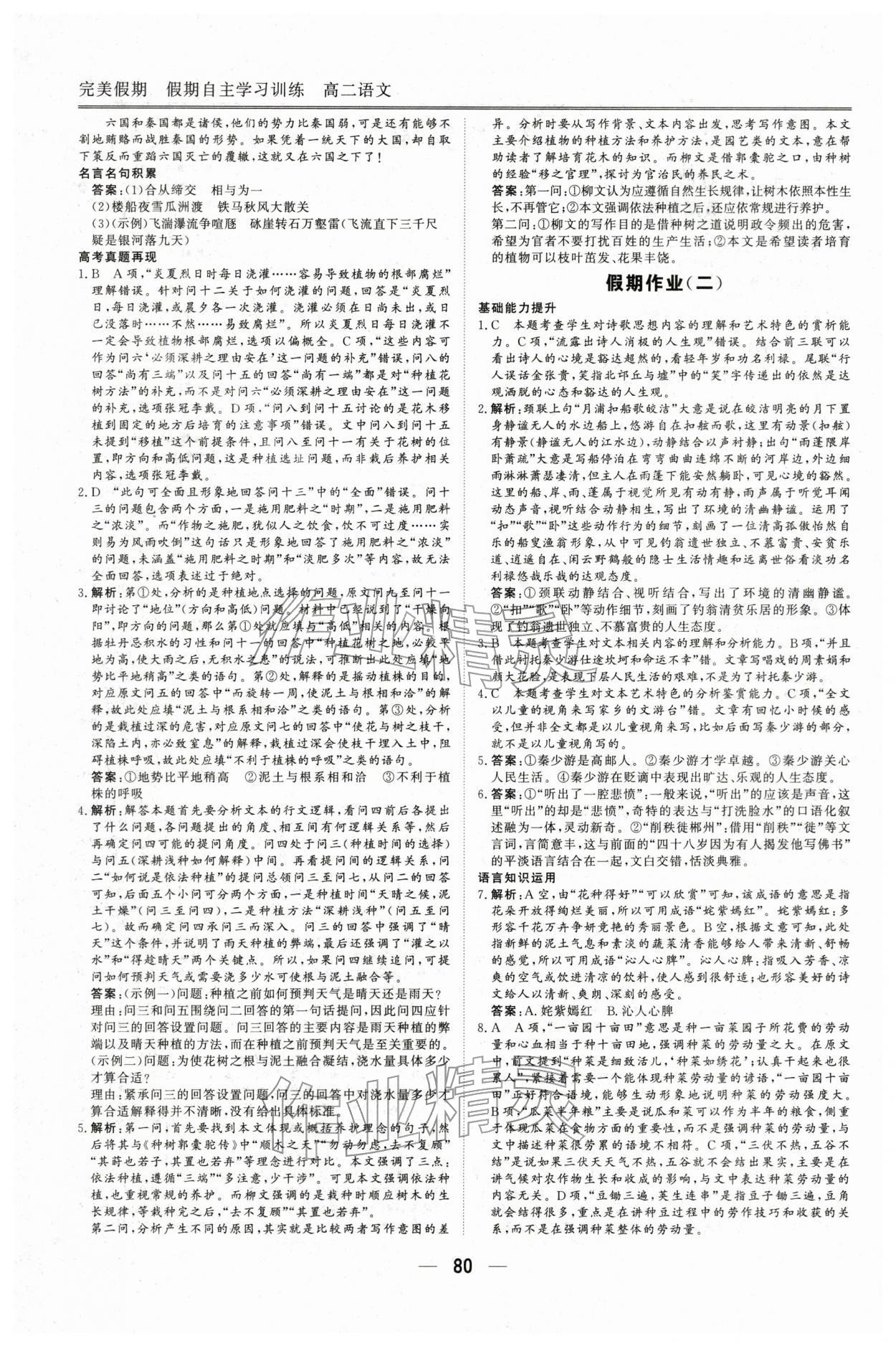 2026年完美假期假期自主学习训练高二语文人教版&nbsp;第2页