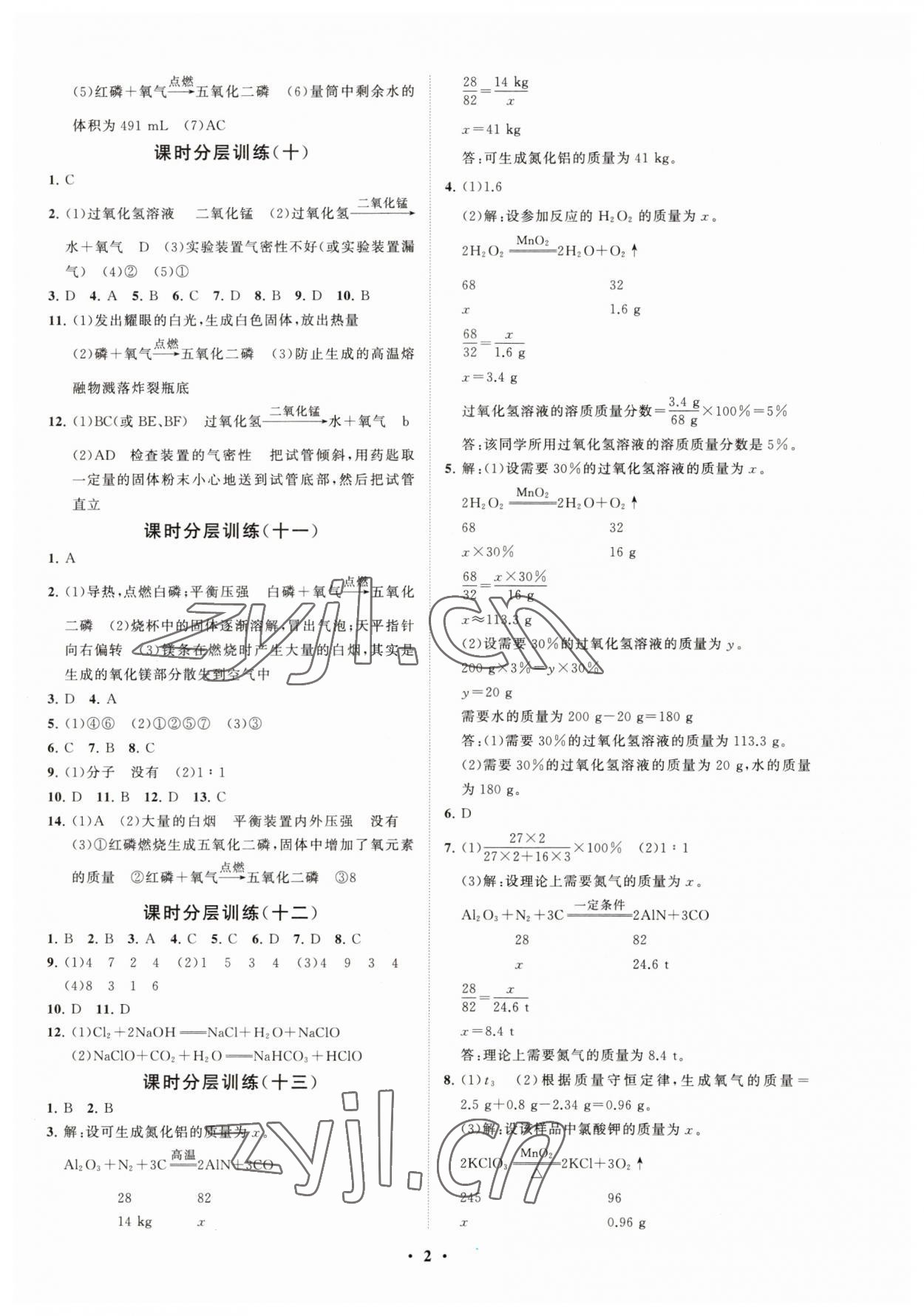 2023年初中同步练习册分层卷八年级化学全一册鲁教版五四制 参考答案第2页