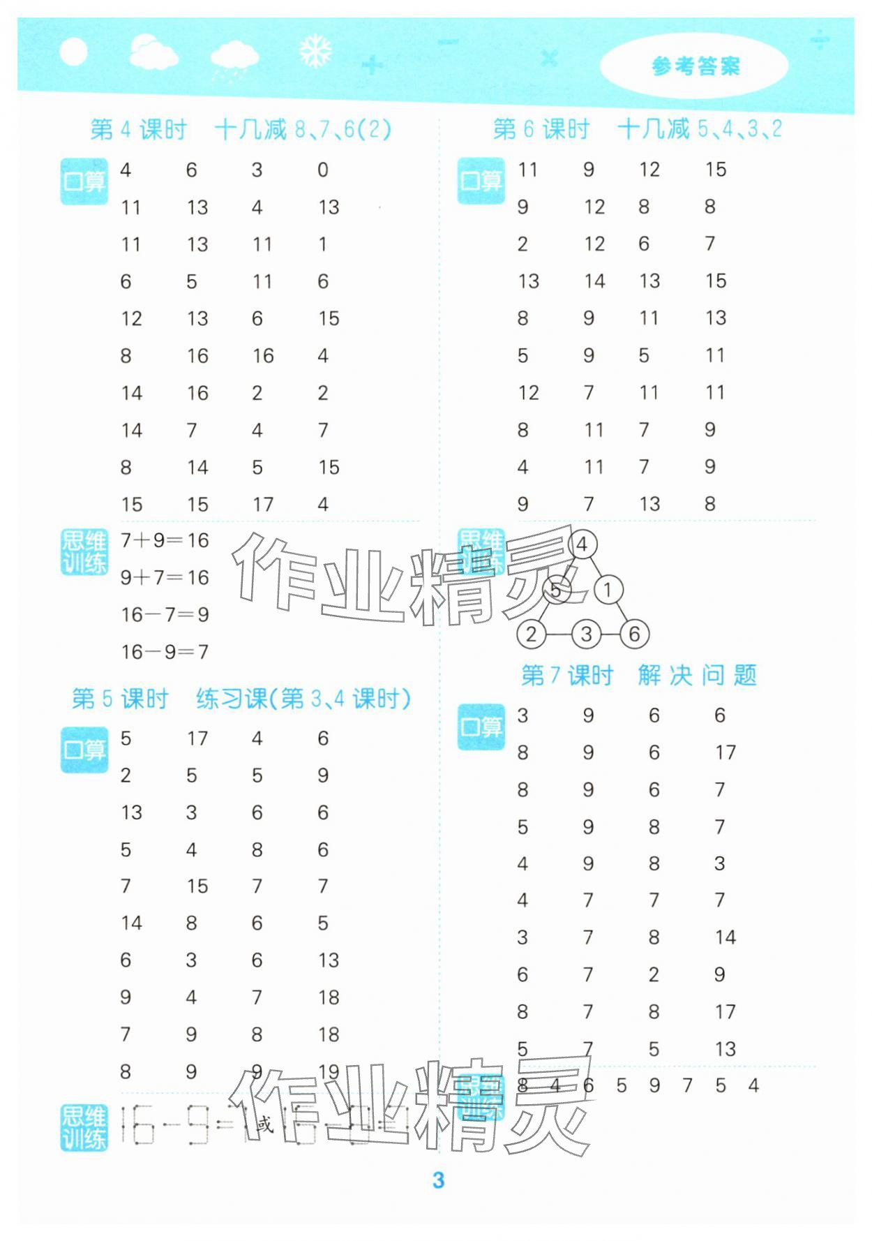 2025年口算大通关一年级数学下册人教版&nbsp;参考答案第3页