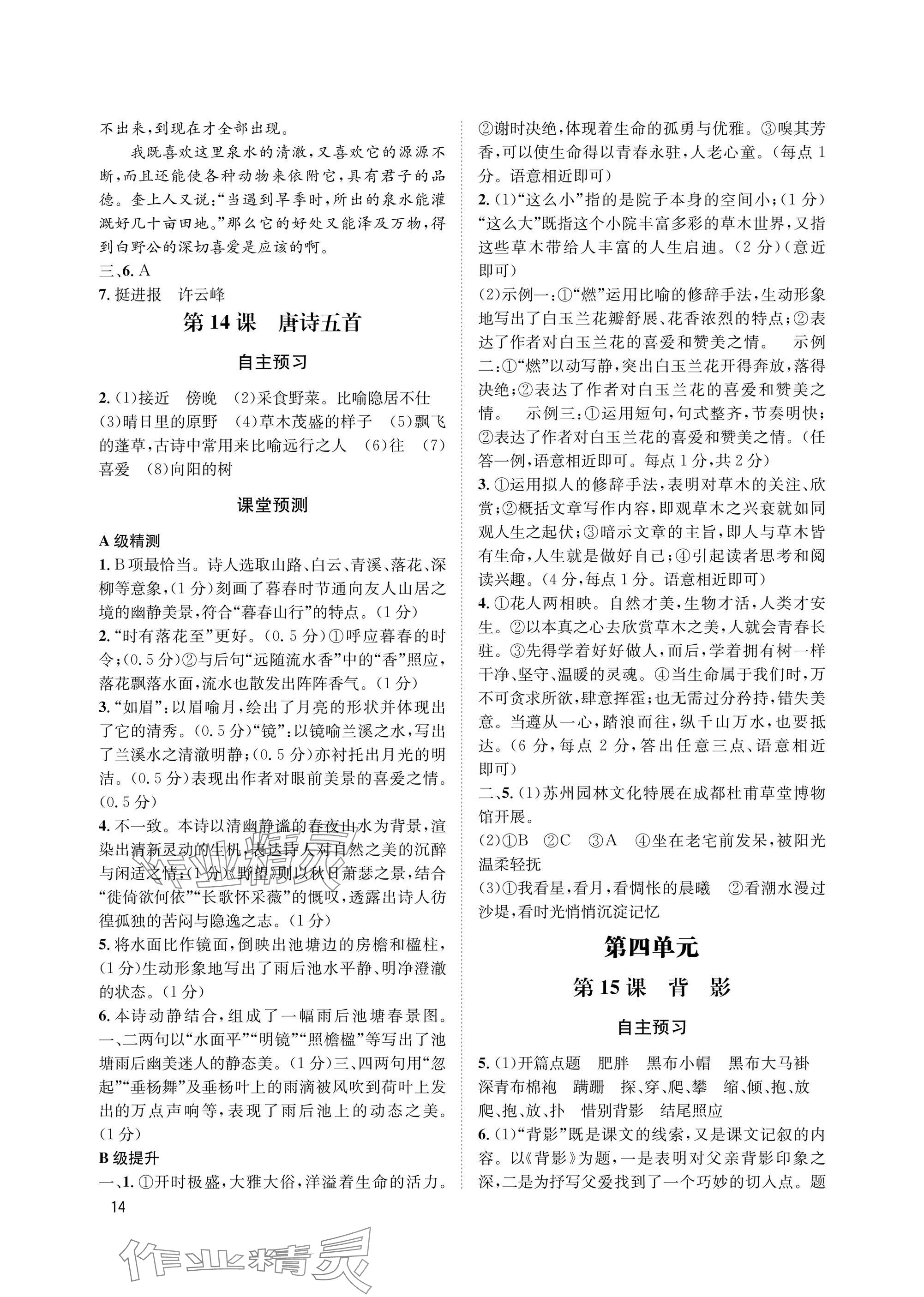 2025年第一学堂八年级语文上册人教版&nbsp;参考答案第14页