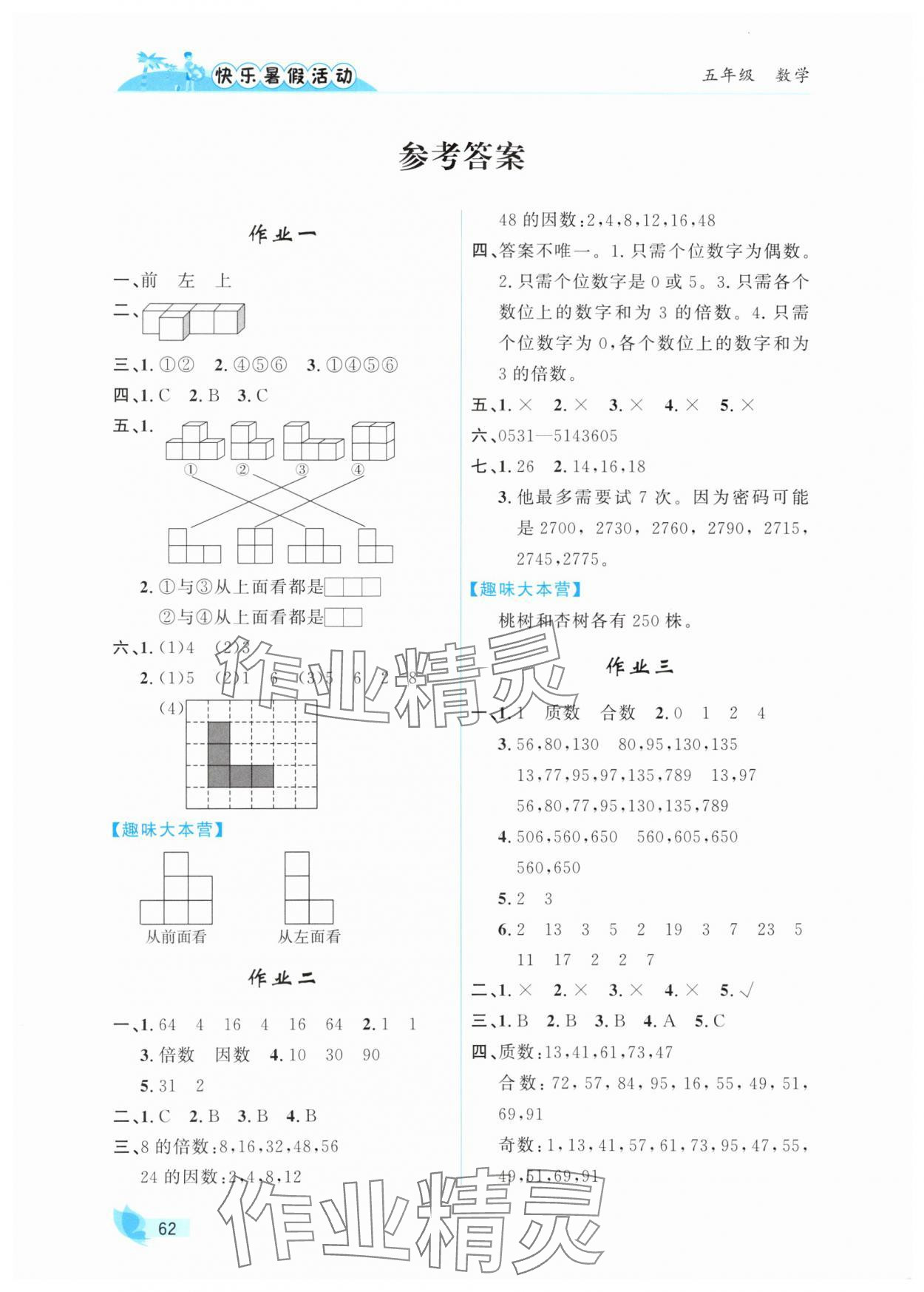 2025年快樂暑假活動五年級數(shù)學 參考答案第1頁