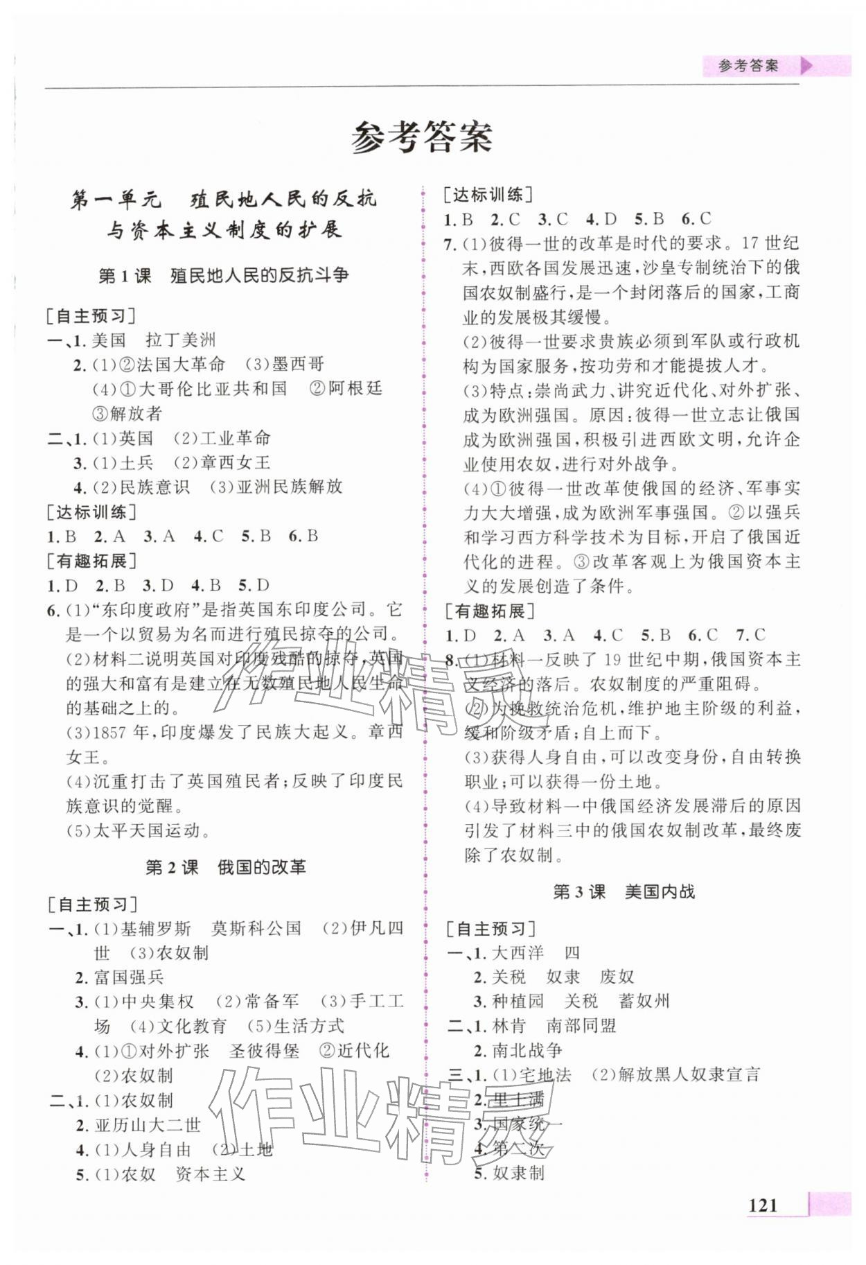 2026年名师点拨配套练习课时作业九年级历史下册人教版&nbsp;第1页