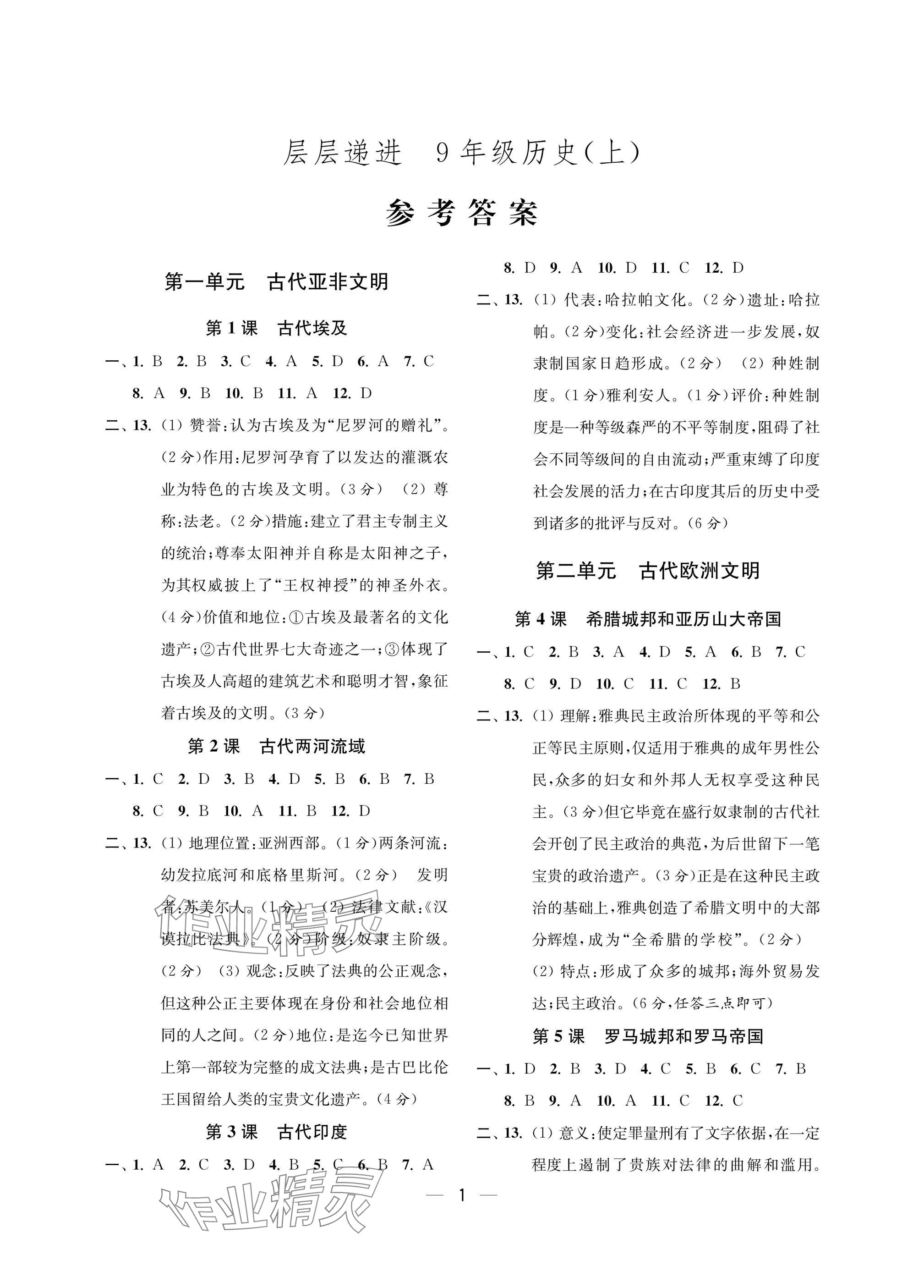 2025年层层递进九年级历史上册人教版 参考答案第1页