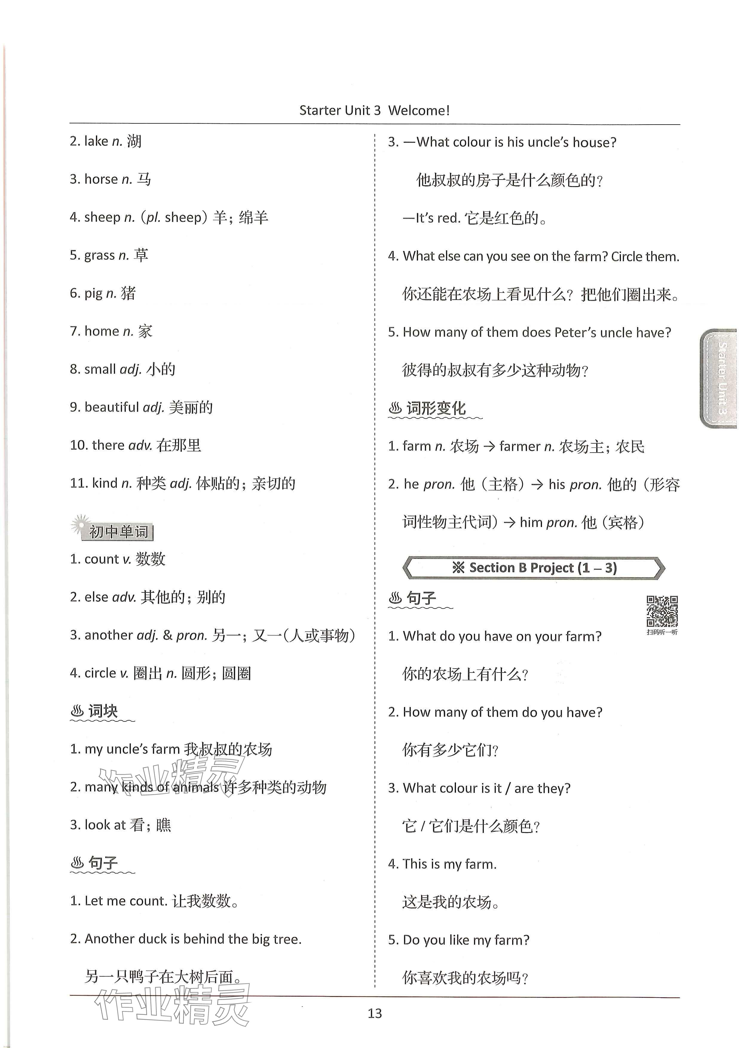 2024年新视界单元复习七年级英语上册人教版&nbsp;参考答案第13页