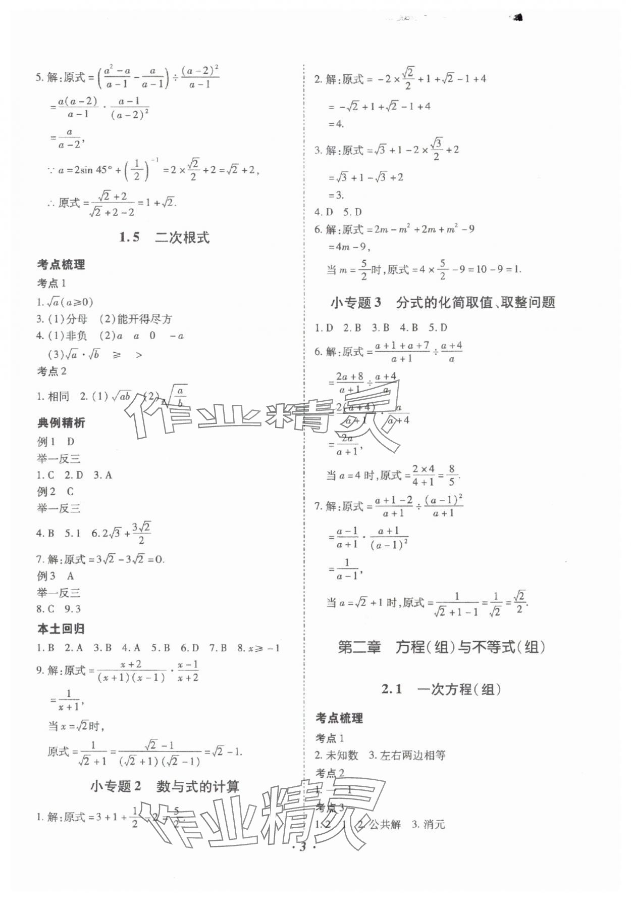 2025年本土攻略精準復(fù)習(xí)方案數(shù)學(xué)中考云南專版 參考答案第3頁