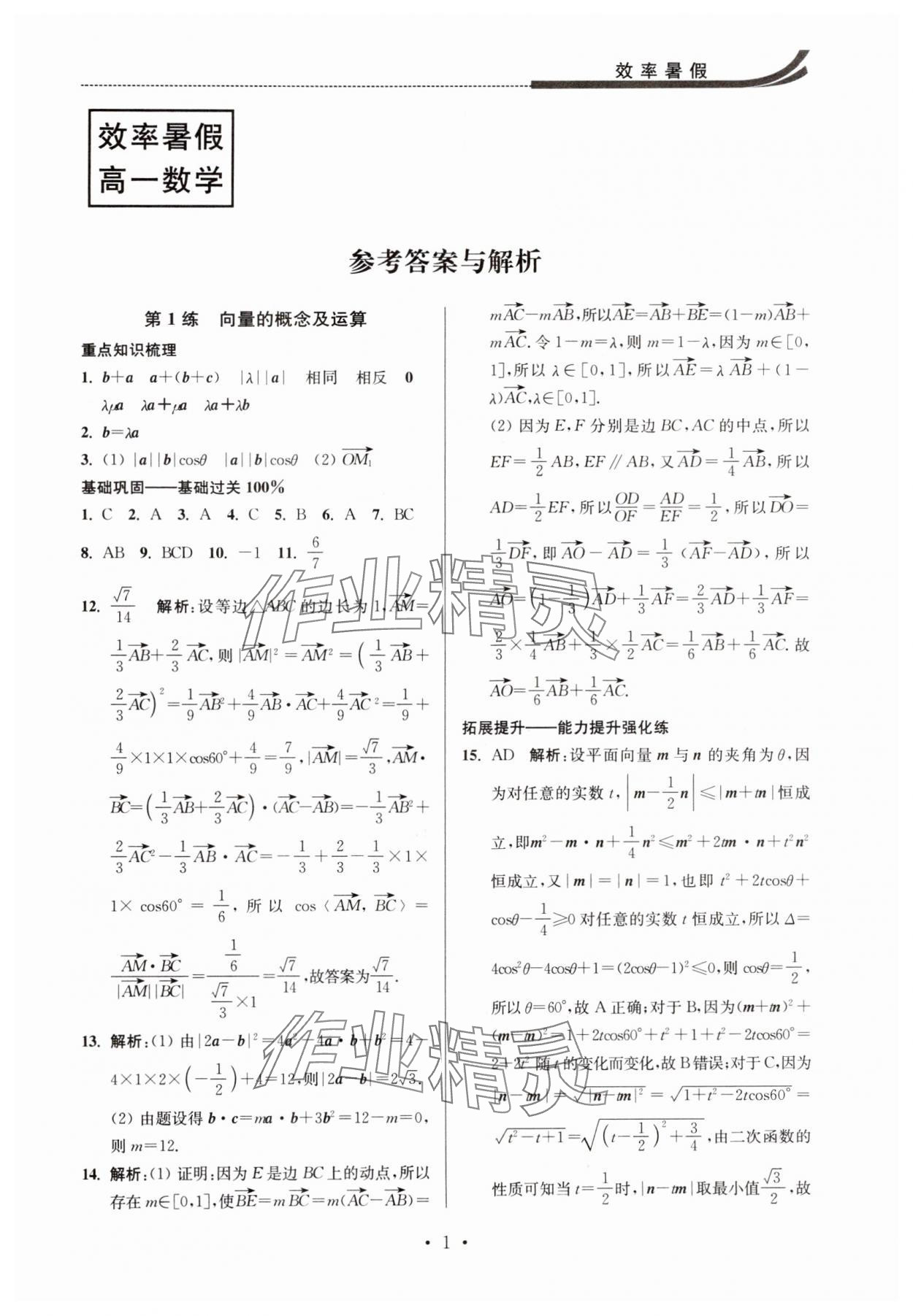 2024年效率暑假江苏人民出版社高一数学 第1页