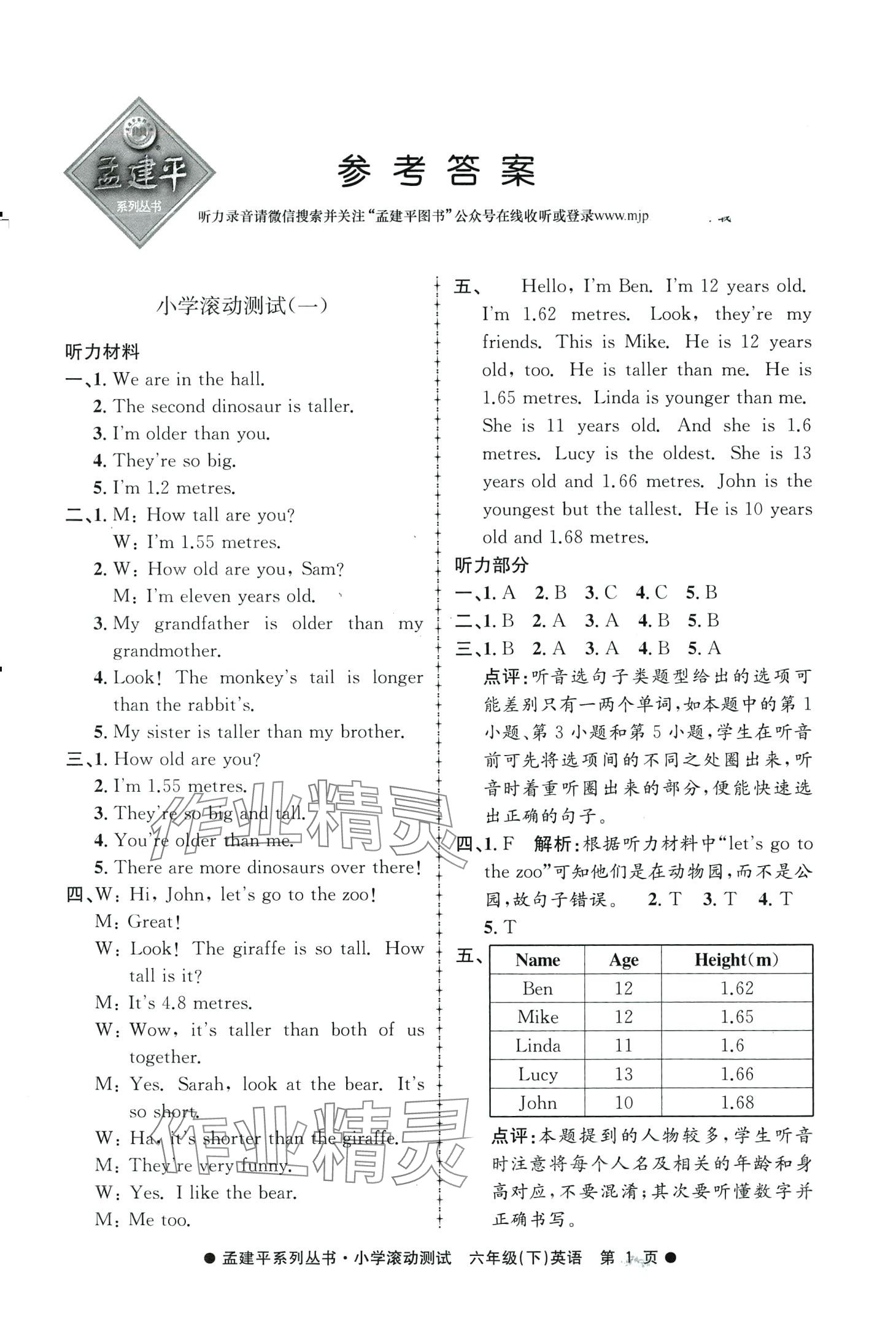 2024年孟建平小學滾動測試六年級英語下冊人教版 第1頁