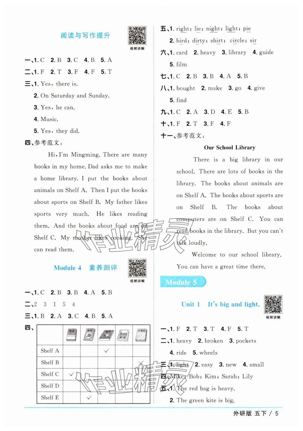 2025年阳光同学课时优化作业五年级英语下册外研版 参考答案第5页