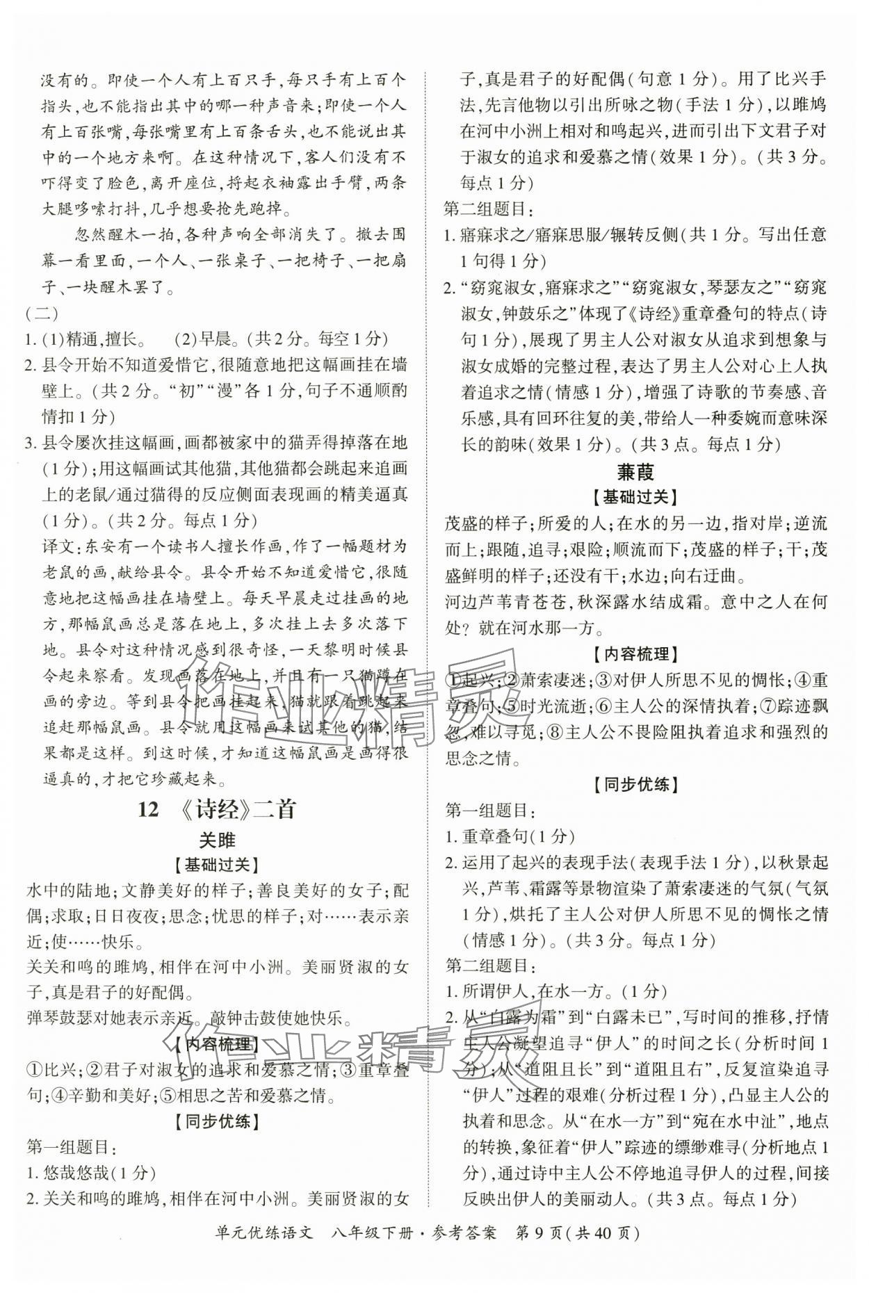 2025年單元優(yōu)練八年級語文下冊人教版廣州專版 參考答案第9頁
