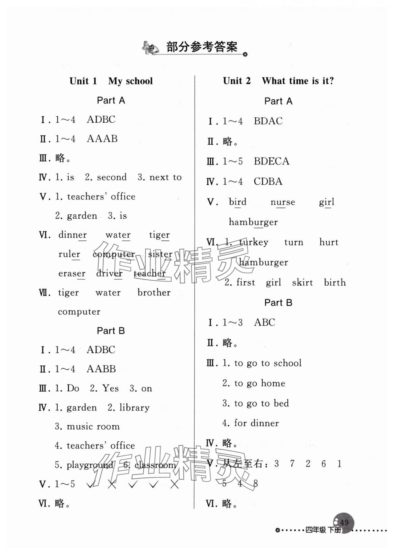 2024年配套練習(xí)與檢測(cè)四年級(jí)英語下冊(cè)人教版 參考答案第1頁