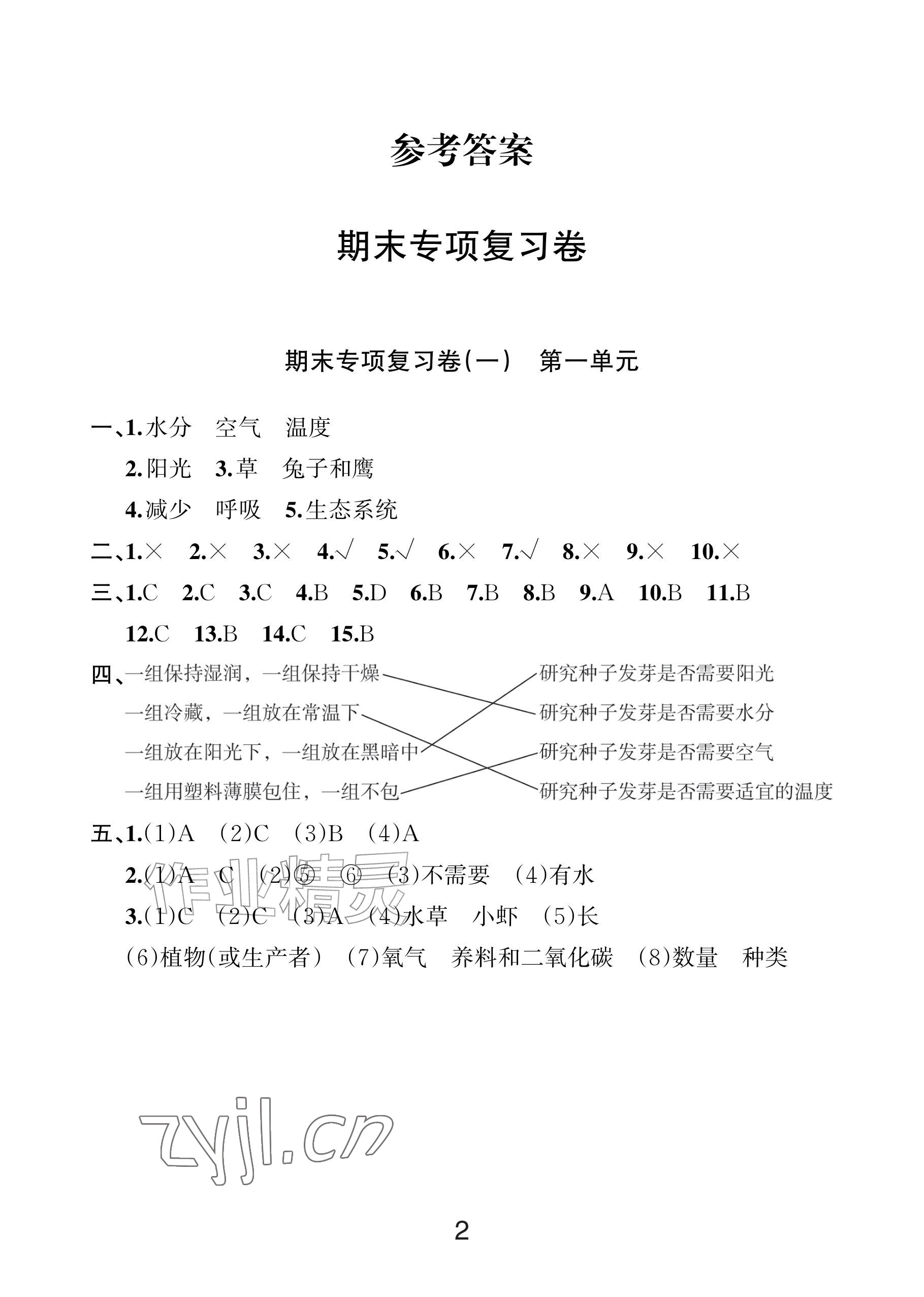 2026年各地期末名卷精选五年级科学下册教科版&nbsp;参考答案第1页