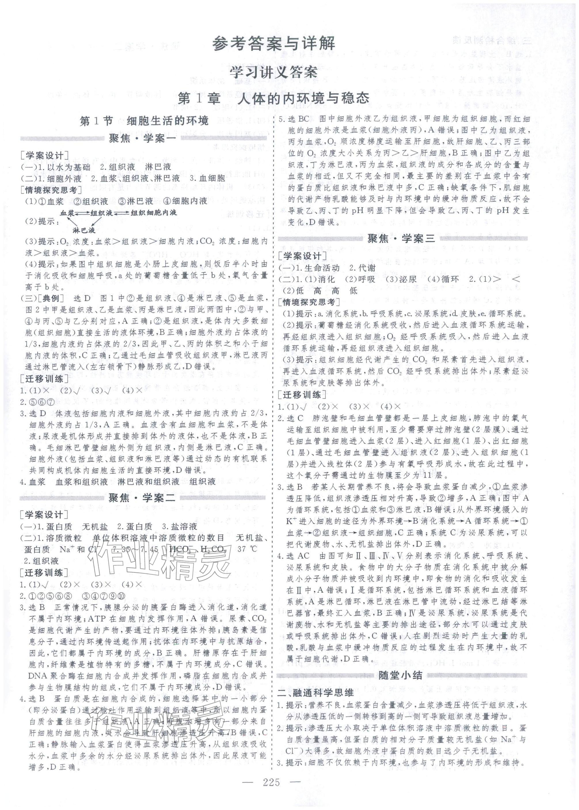 2025年芝麻开花美在课堂高中生物选择性必修第一册人教版 参考答案第1页